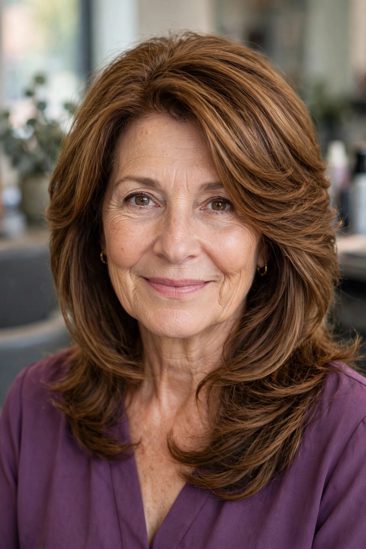 Face-Framing Layers with a Deep Side Part - medium length haircut for thick hair on a woman over 50