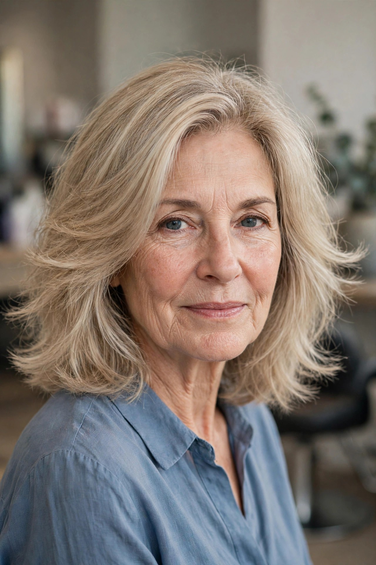 Medium Cut with Soft Feathered Ends - medium length haircut for thick hair on a woman over 50