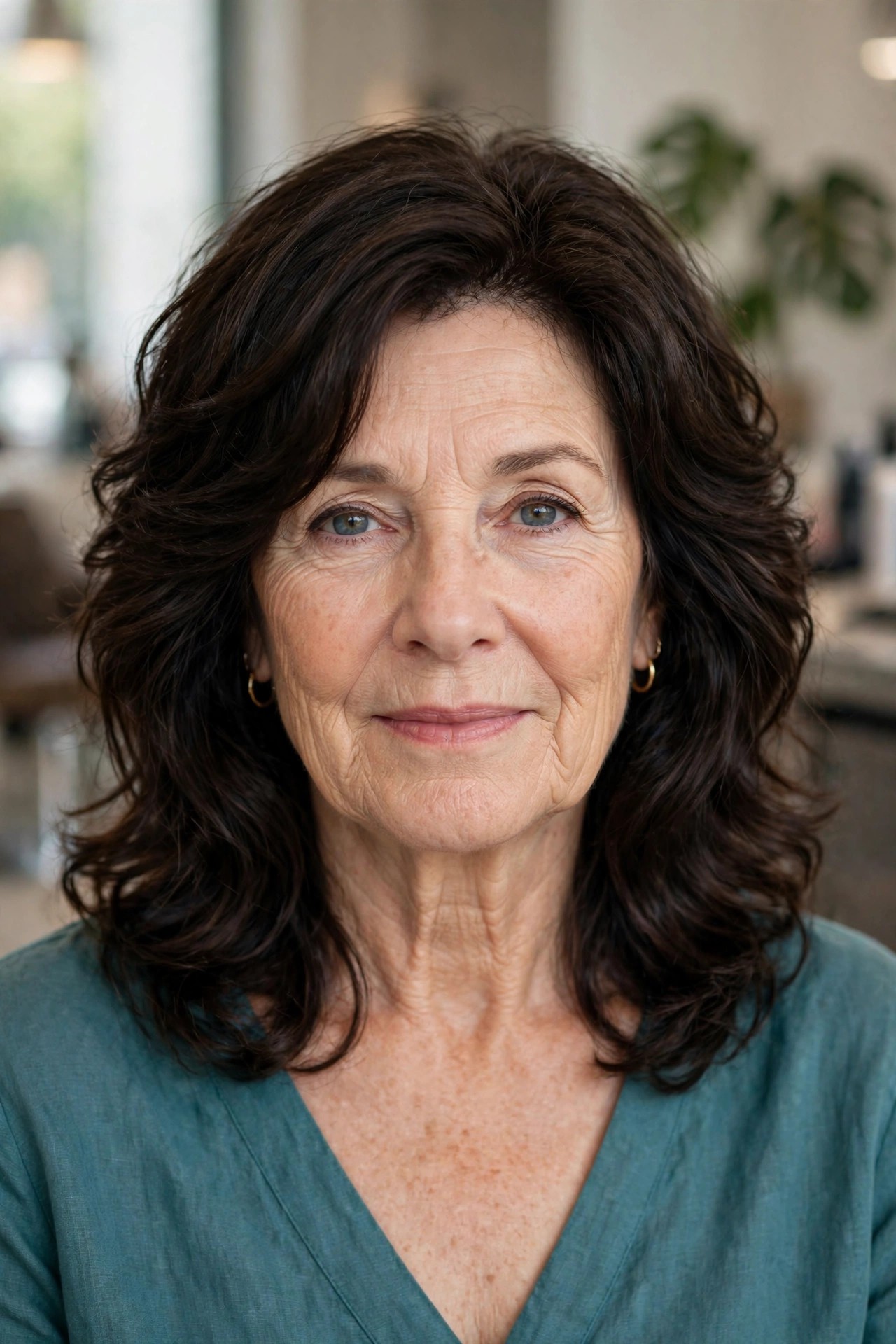 Wavy Layered Lob with Beveled Ends - medium length haircut for thick hair on a woman over 50