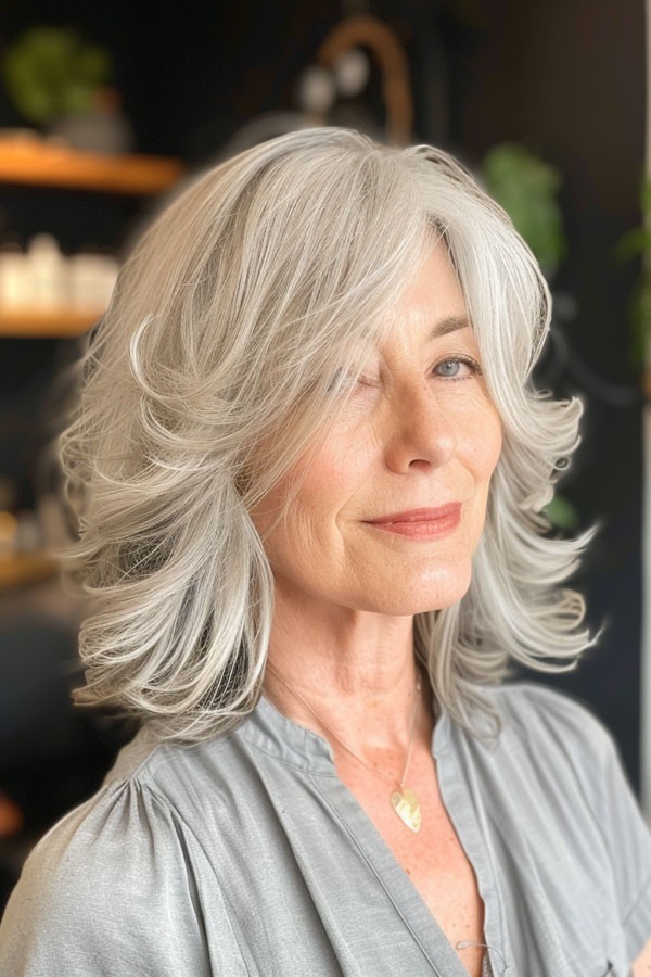 Medium length hairstyle on a woman over 70 with graceful layers - Medium Cut With Curtain Fringe for Softness
