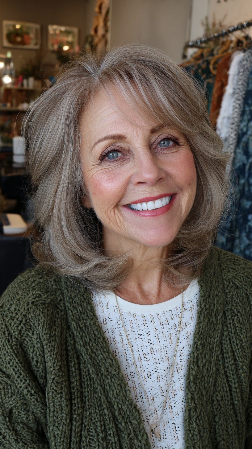 Medium length hairstyle on a woman over 70 with graceful layers - Medium Shag With Feathered Layers
