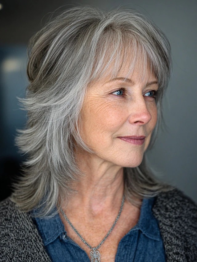 Medium length hairstyle on a woman over 70 with graceful layers - Medium Cut for Glasses With Clean Ear Lines