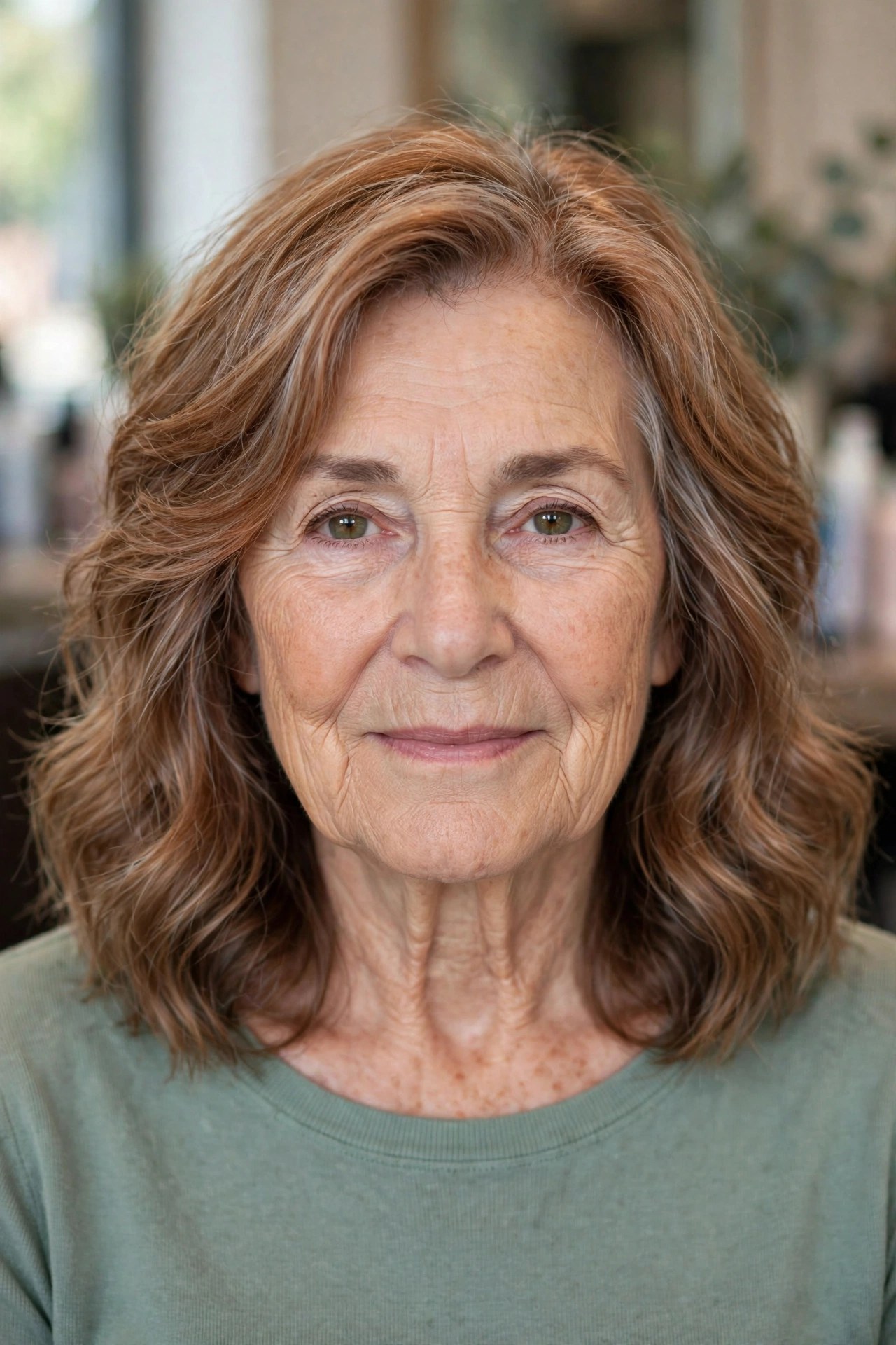 wavy feathered shoulder-length hair on a woman over 60 with a square face