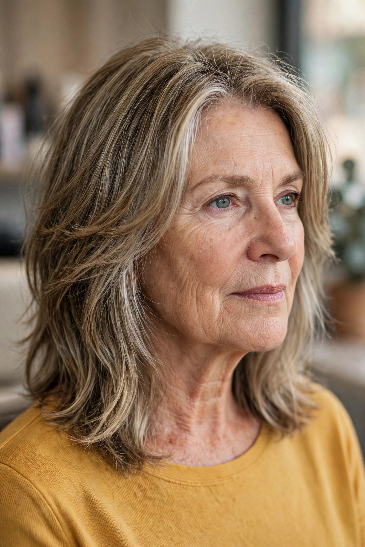 textured lob with broken piecey ends on a woman over 60 with a square face