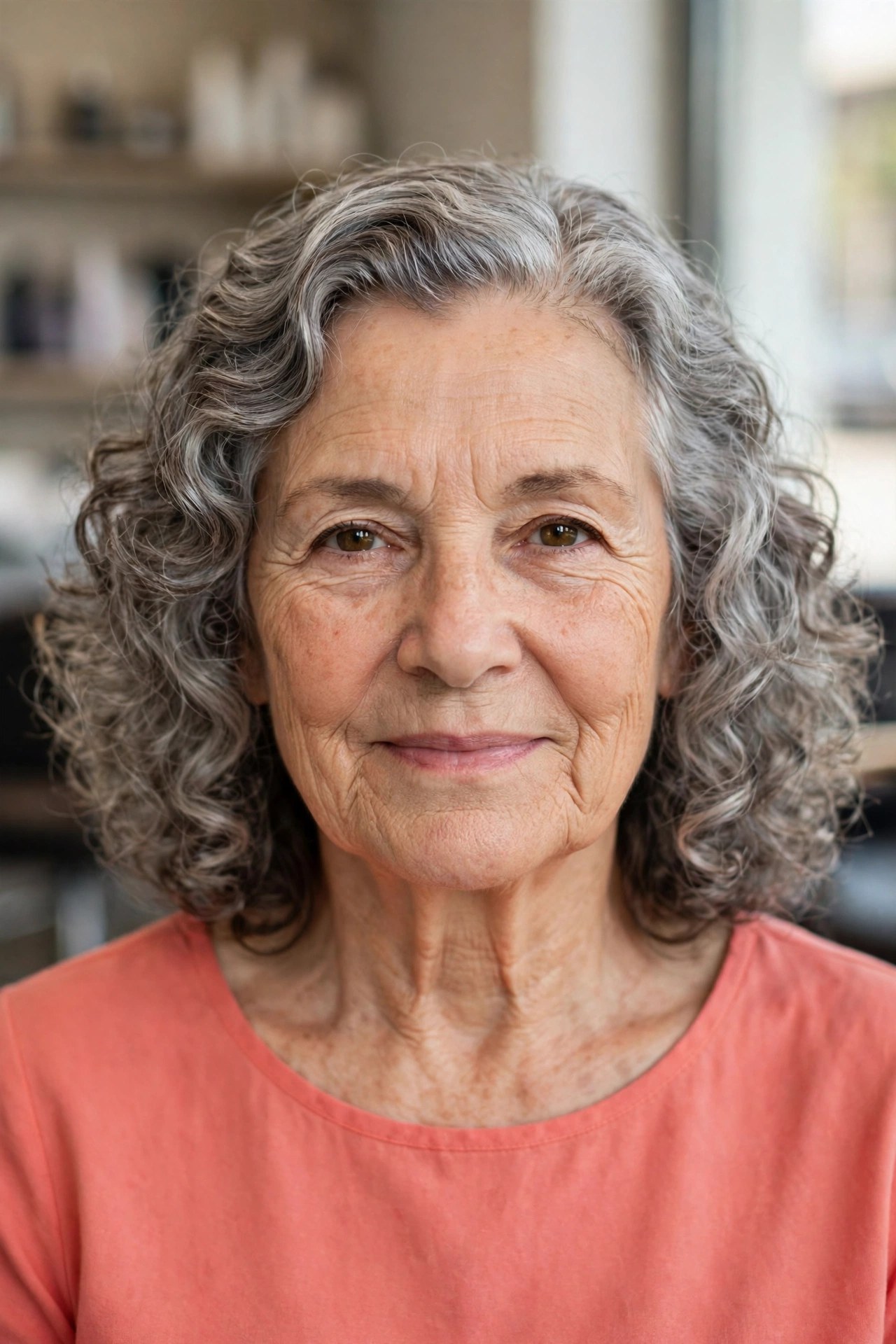 shoulder-length gray curls with a side part on a woman over 60