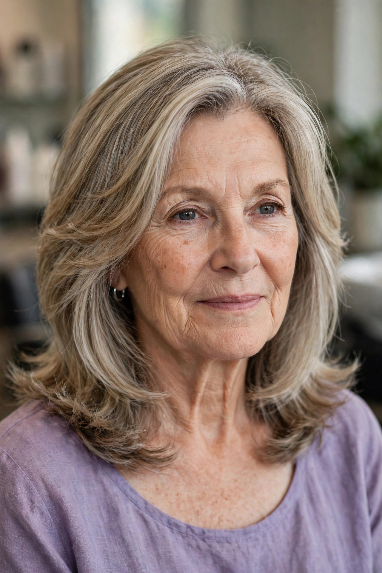 layered medium hair with volume at the ends on a woman over 60 with a heart-shaped face