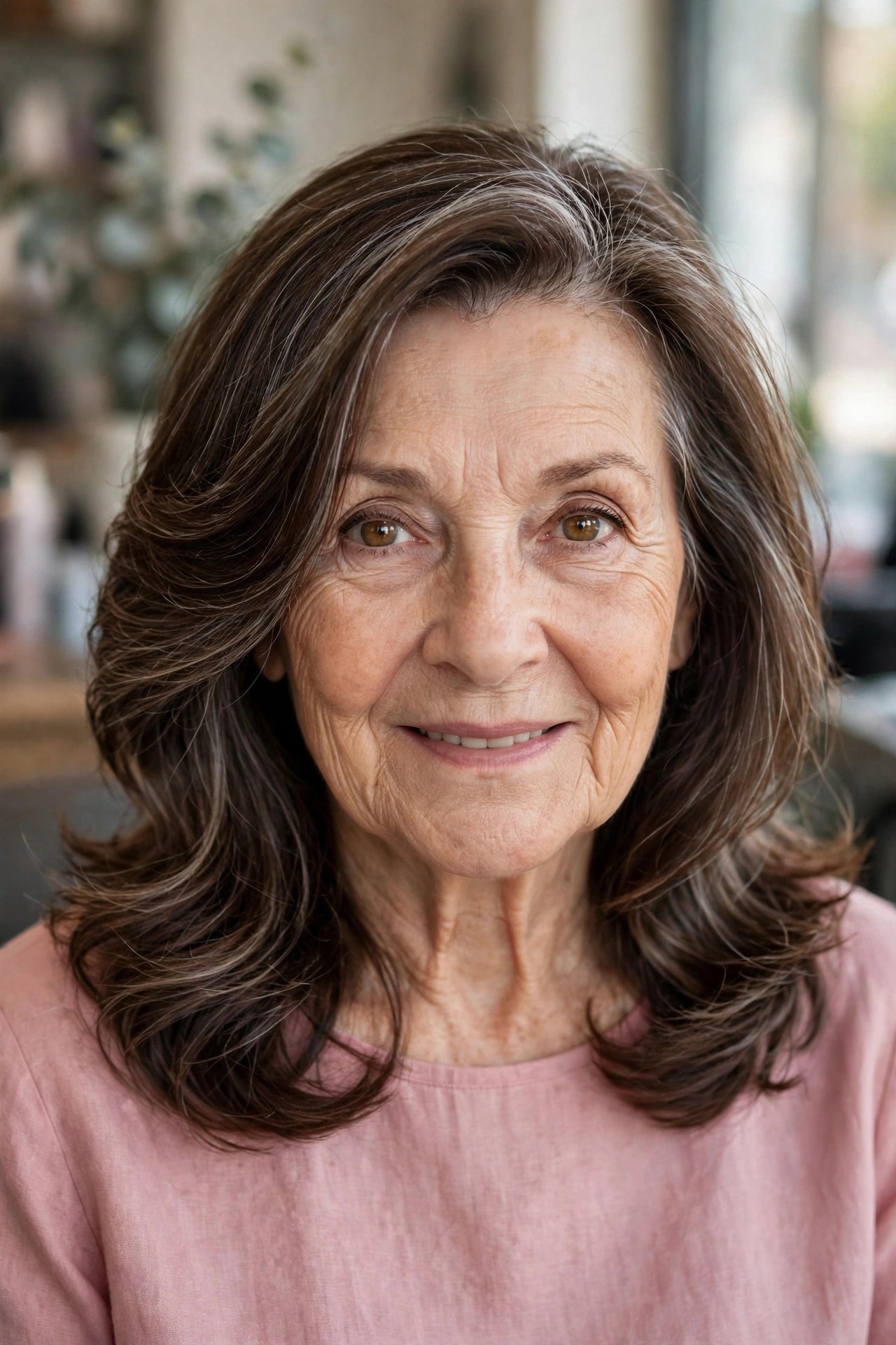 side-swept wavy medium hair on a woman over 60 with a heart-shaped face