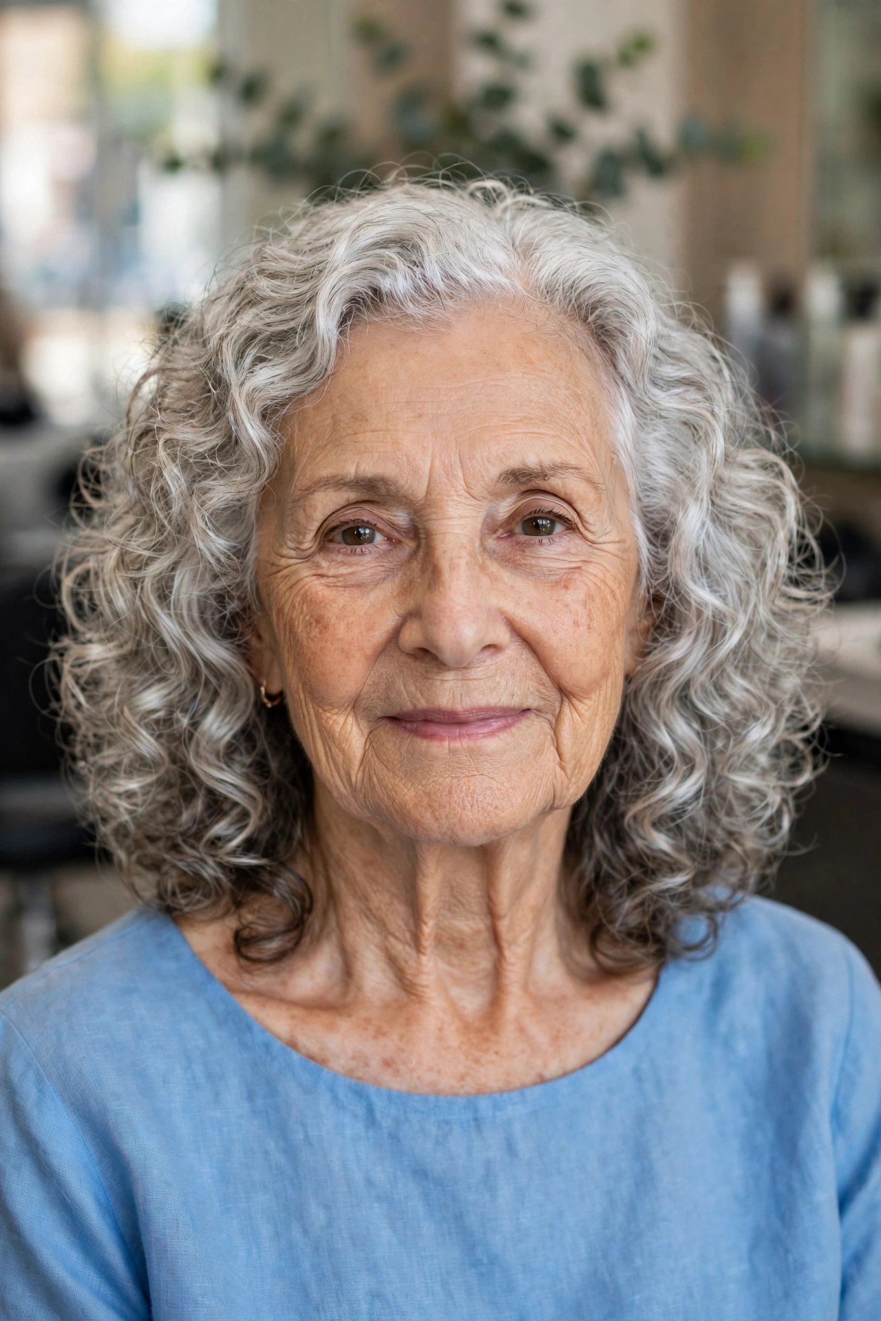 curly lob with full curls through the lower half on a woman over 60 with a heart-shaped face
