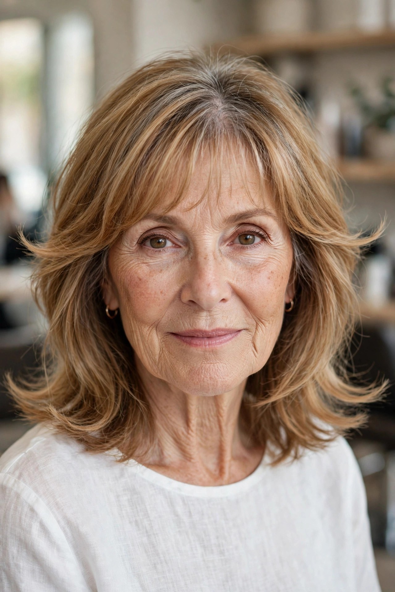 flicked-out lob with a soft fringe on a woman over 60 with a heart-shaped face
