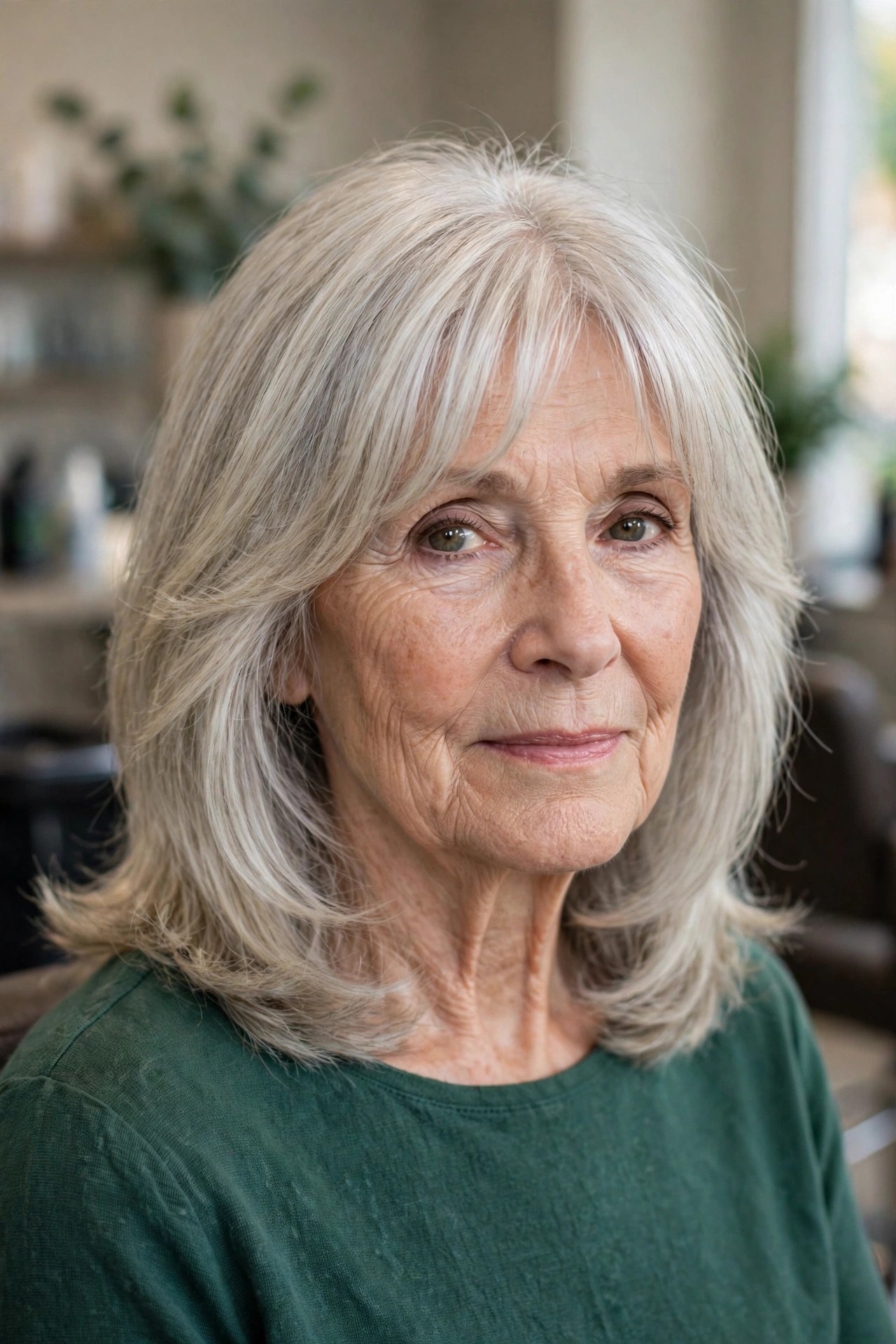 shoulder-length cut with curtain bangs on a woman over 60 with a long face