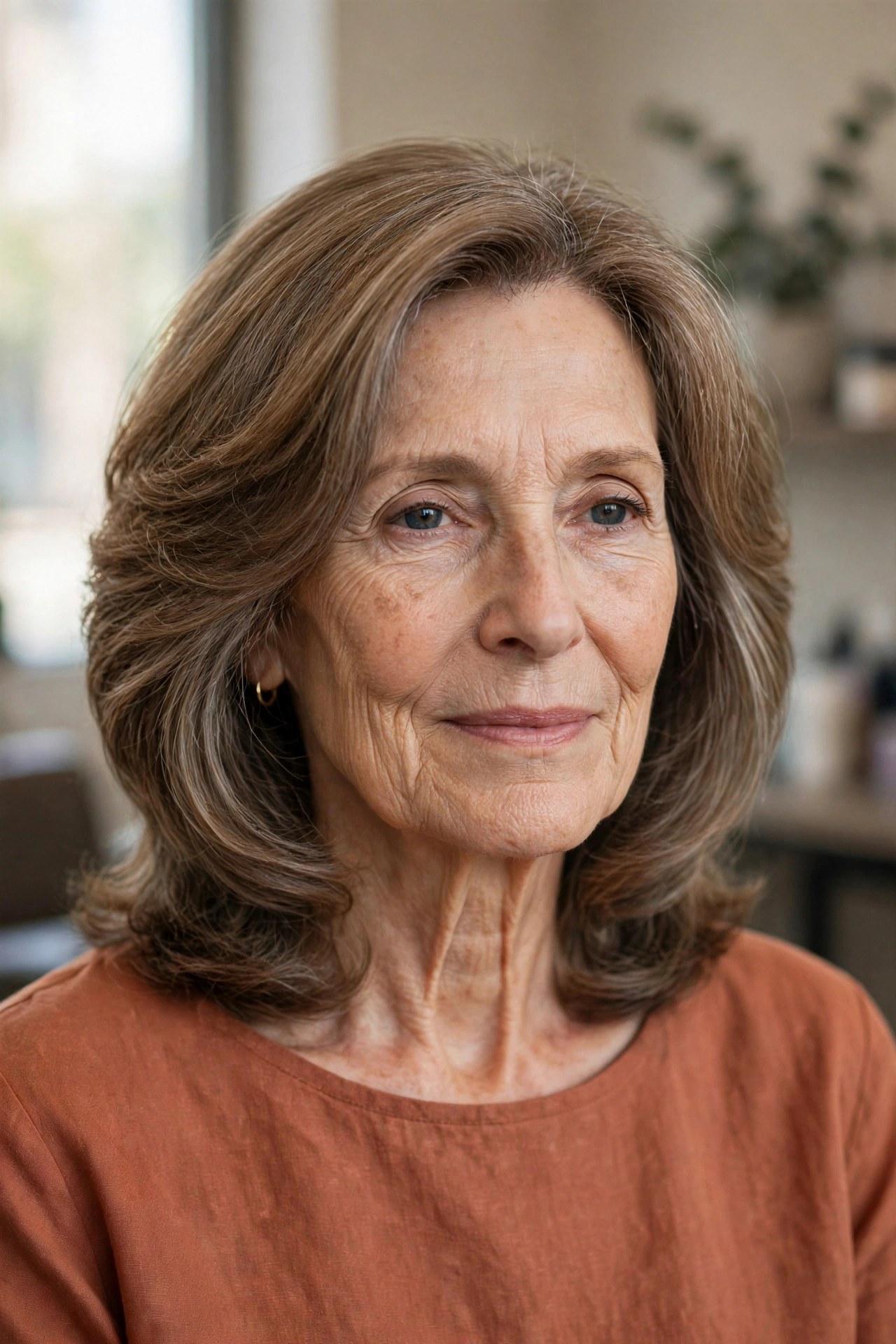 bouncy layered lob with full sides on a woman over 60 with a long face