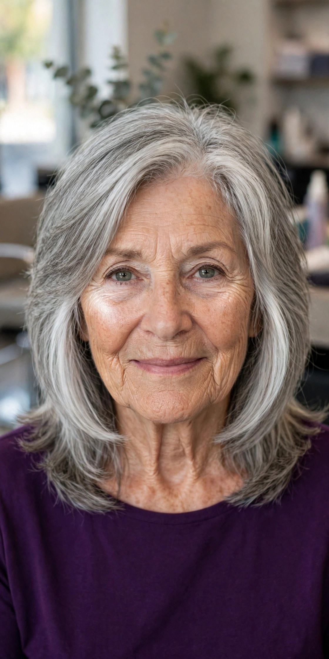 silver layered lob with bright face-framing pieces on a woman over 60