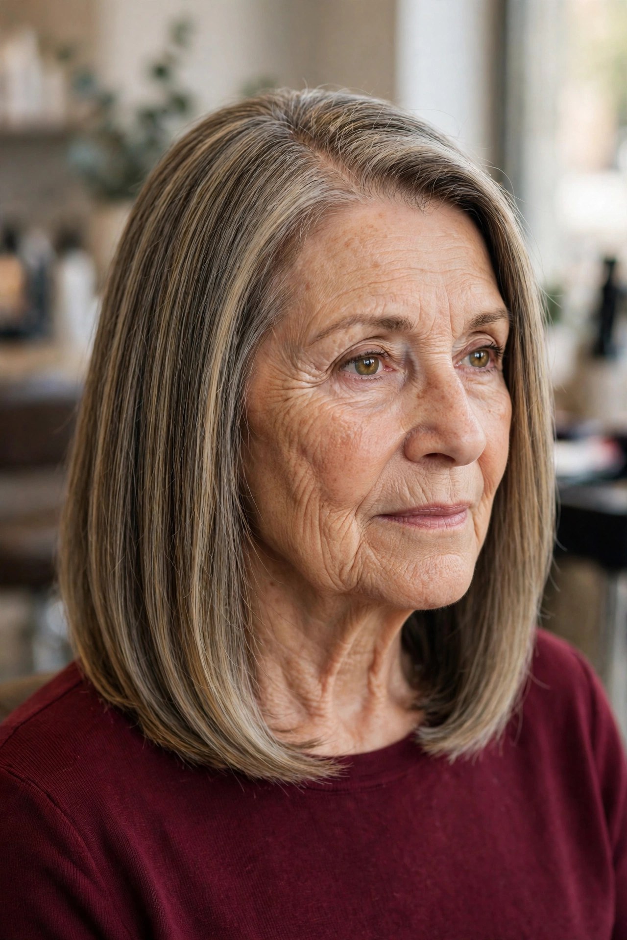 sleek lob with a deep side part on a woman over 60