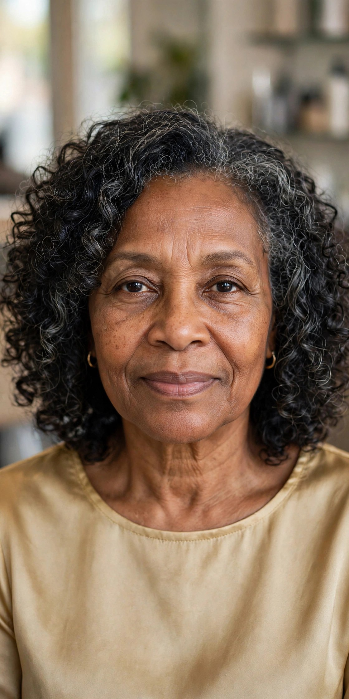 rounded natural curly medium haircut on a Black woman over 60