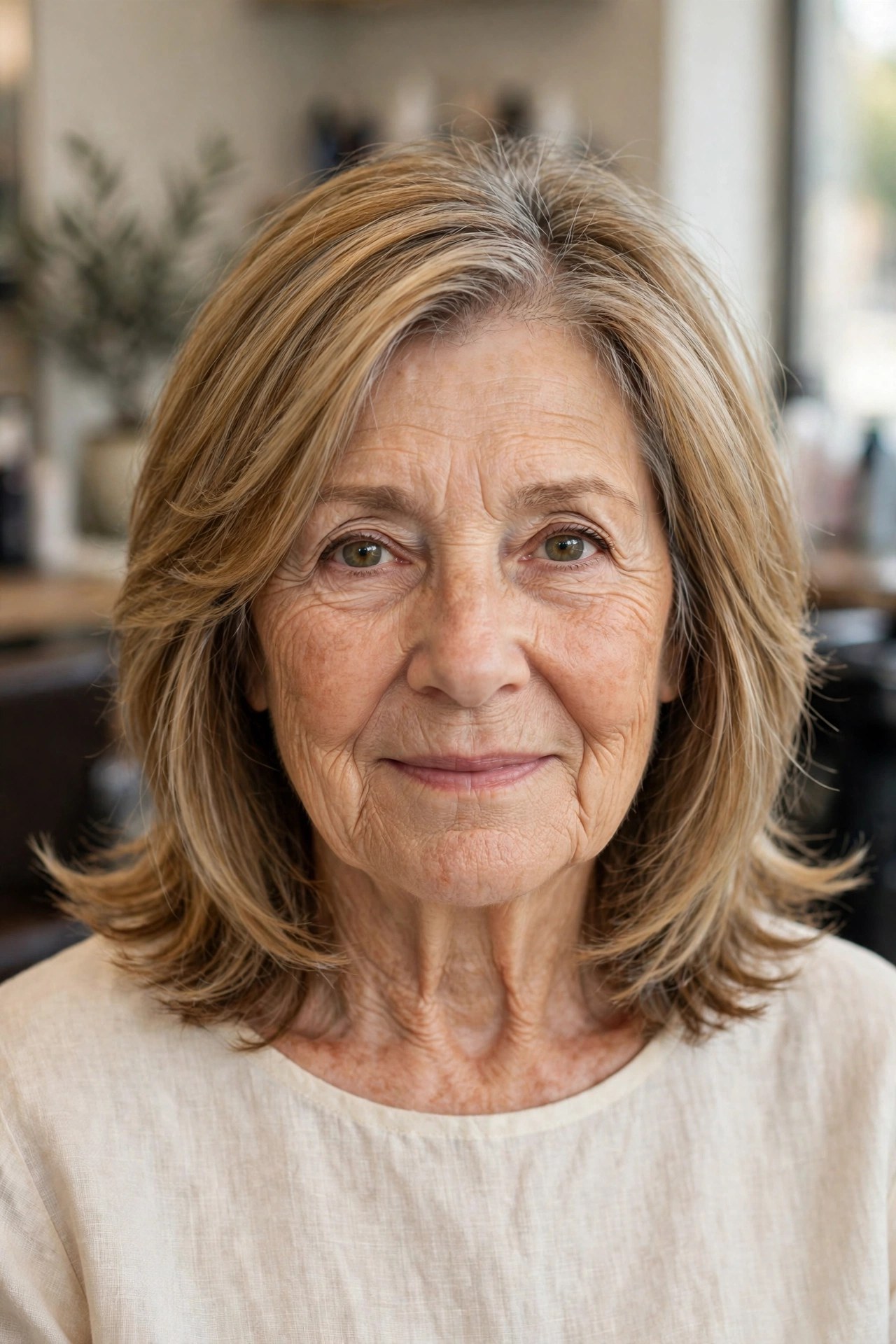 feathered medium-length layers with flicked ends on a woman over 60