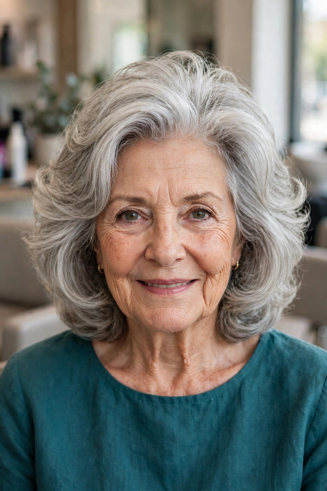 voluminous blowout lob with silver hair on a woman over 60