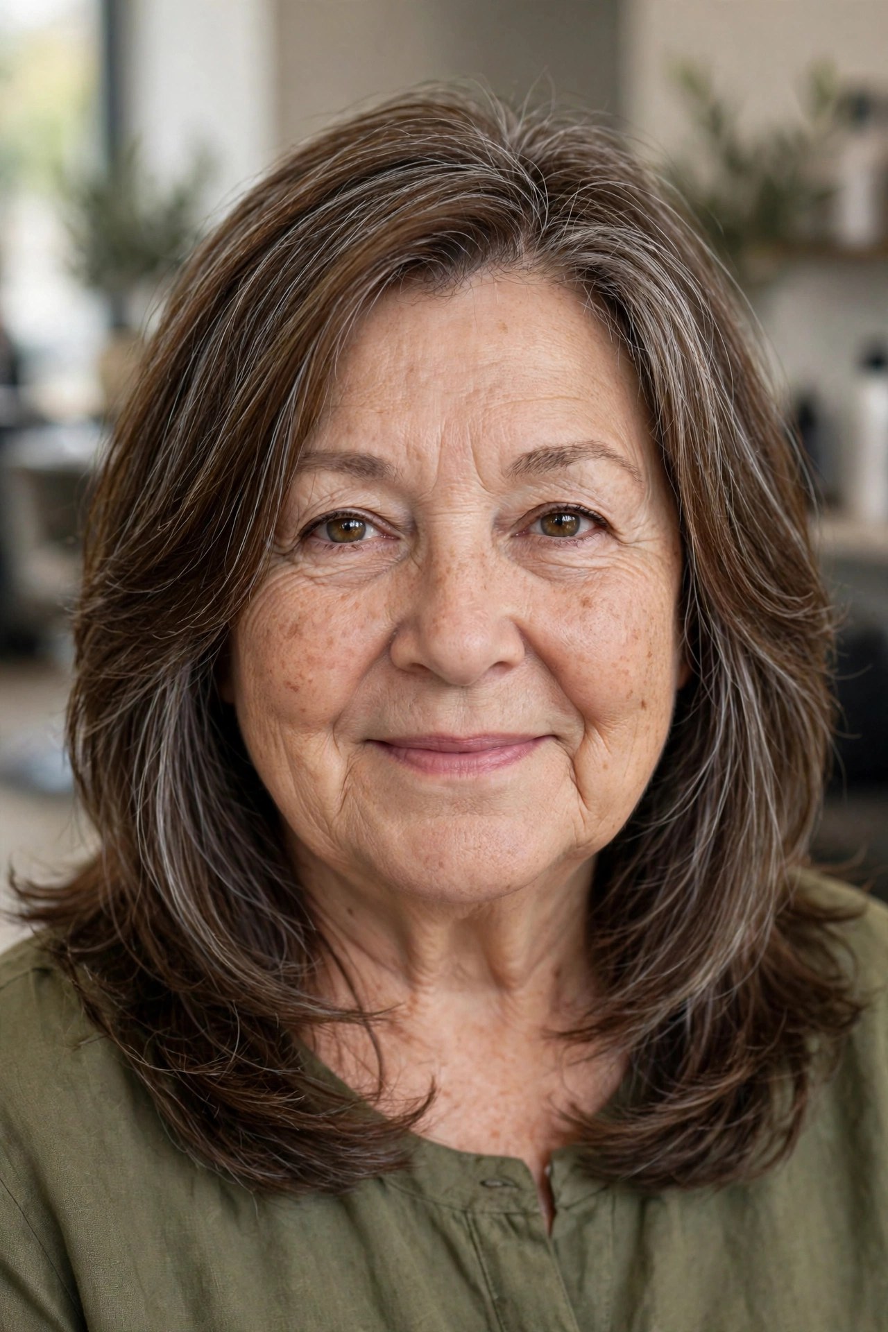 long layered lob falling past the chin on a woman over 60 with a round face