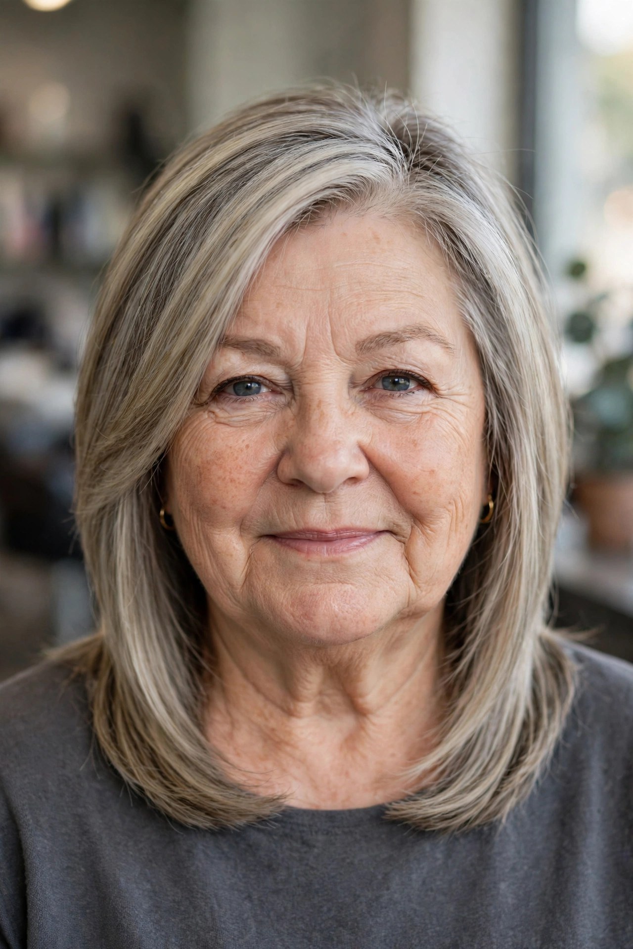angled lob longer in front on a woman over 60 with a round face