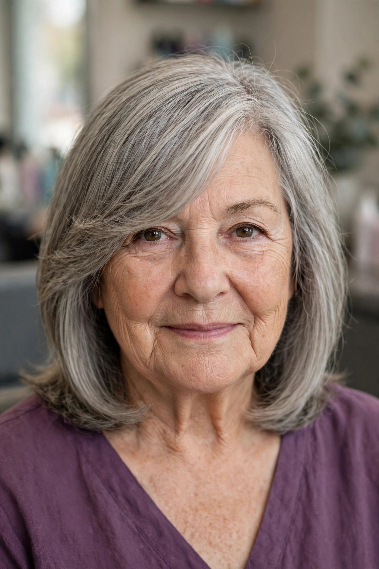 shoulder-length cut with a side-swept fringe on a woman over 60 with a round face