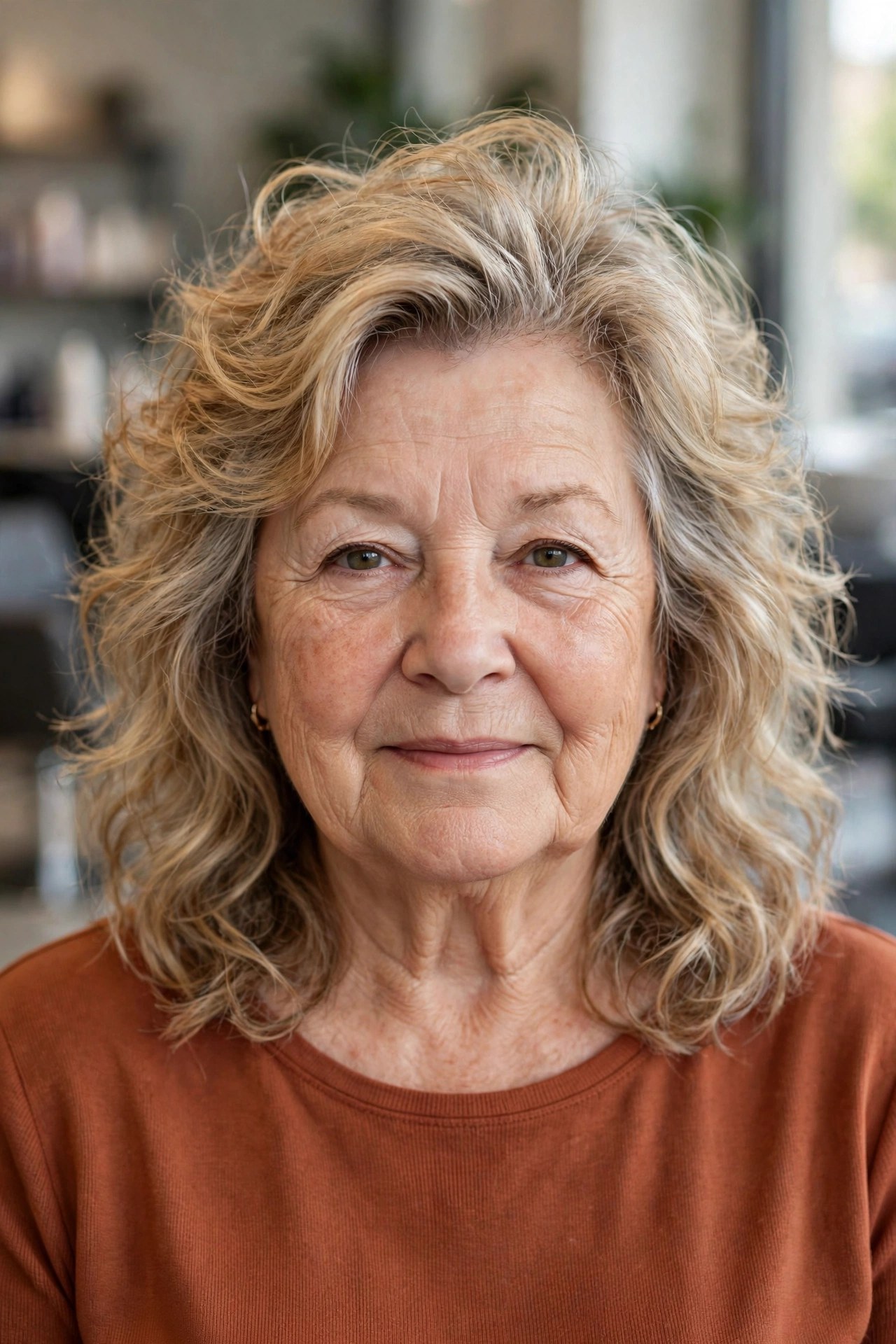 tousled wavy medium hair with height at the crown on a woman over 60 with a round face