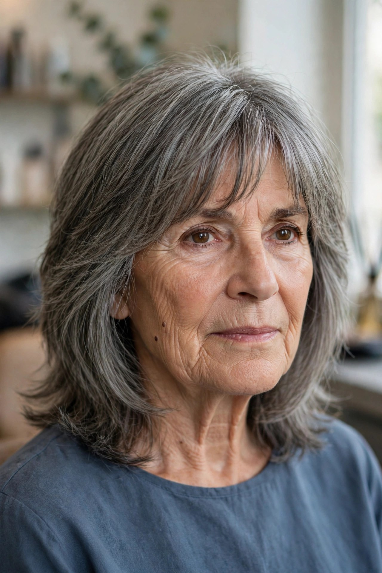soft shag with curtain bangs on a woman over 60 with a square face
