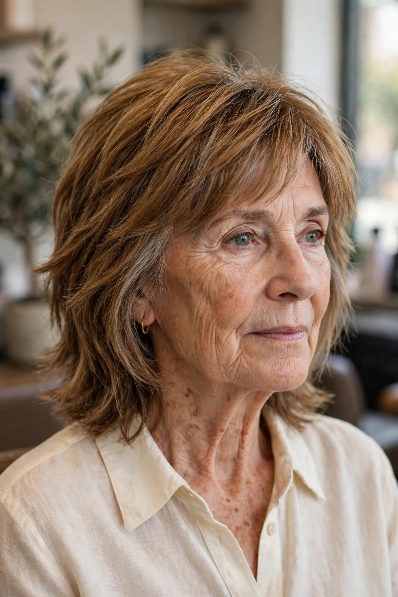 Classic soft feathered medium shag haircut on a woman over 60 with honey brown hair