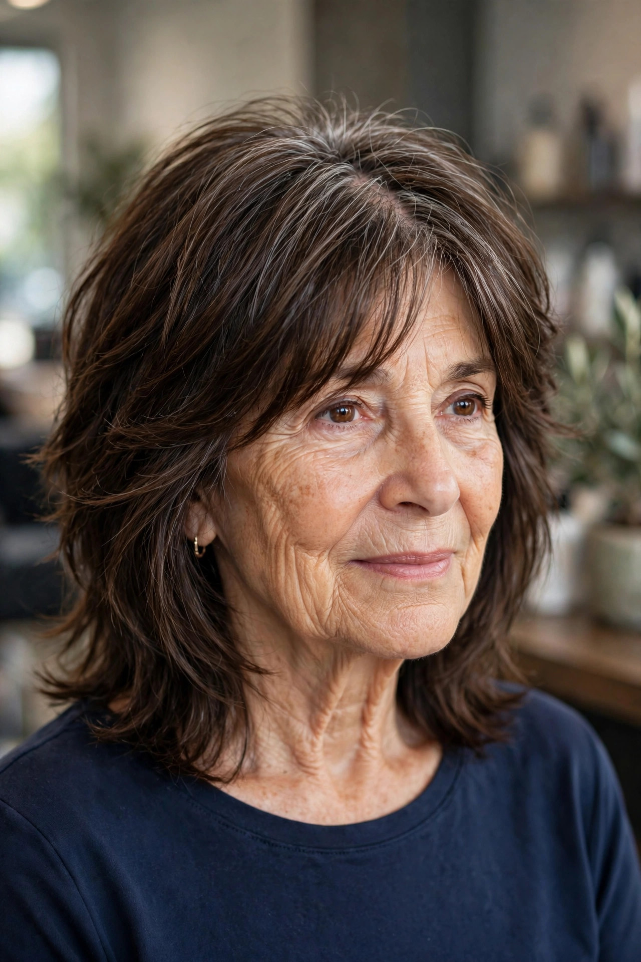 Medium shag haircut with long feathered bangs on a woman over 60 with chocolate brown hair