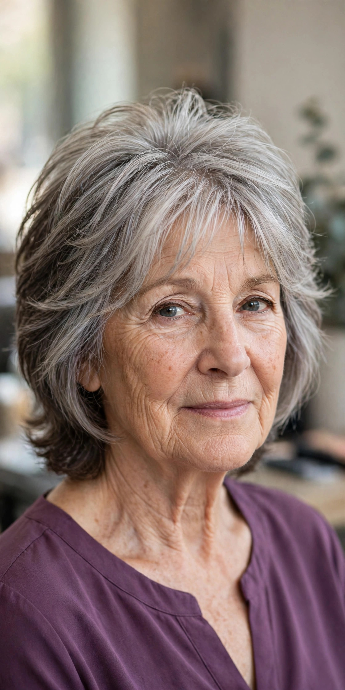 Salt and pepper medium shag with crown volume on a woman over 60