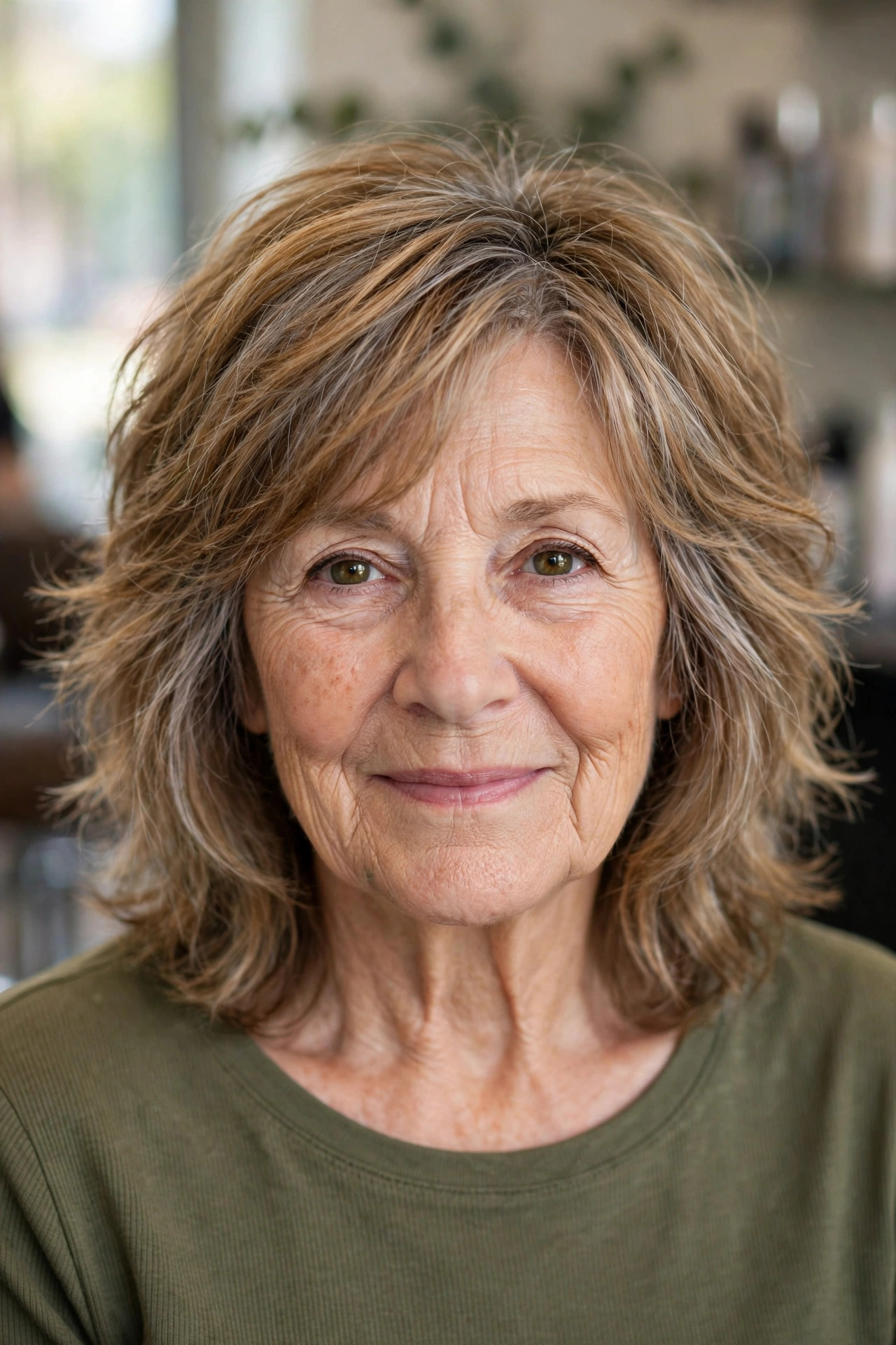 Shaggy lob haircut with soft shag layers on a woman over 60 with caramel blonde hair