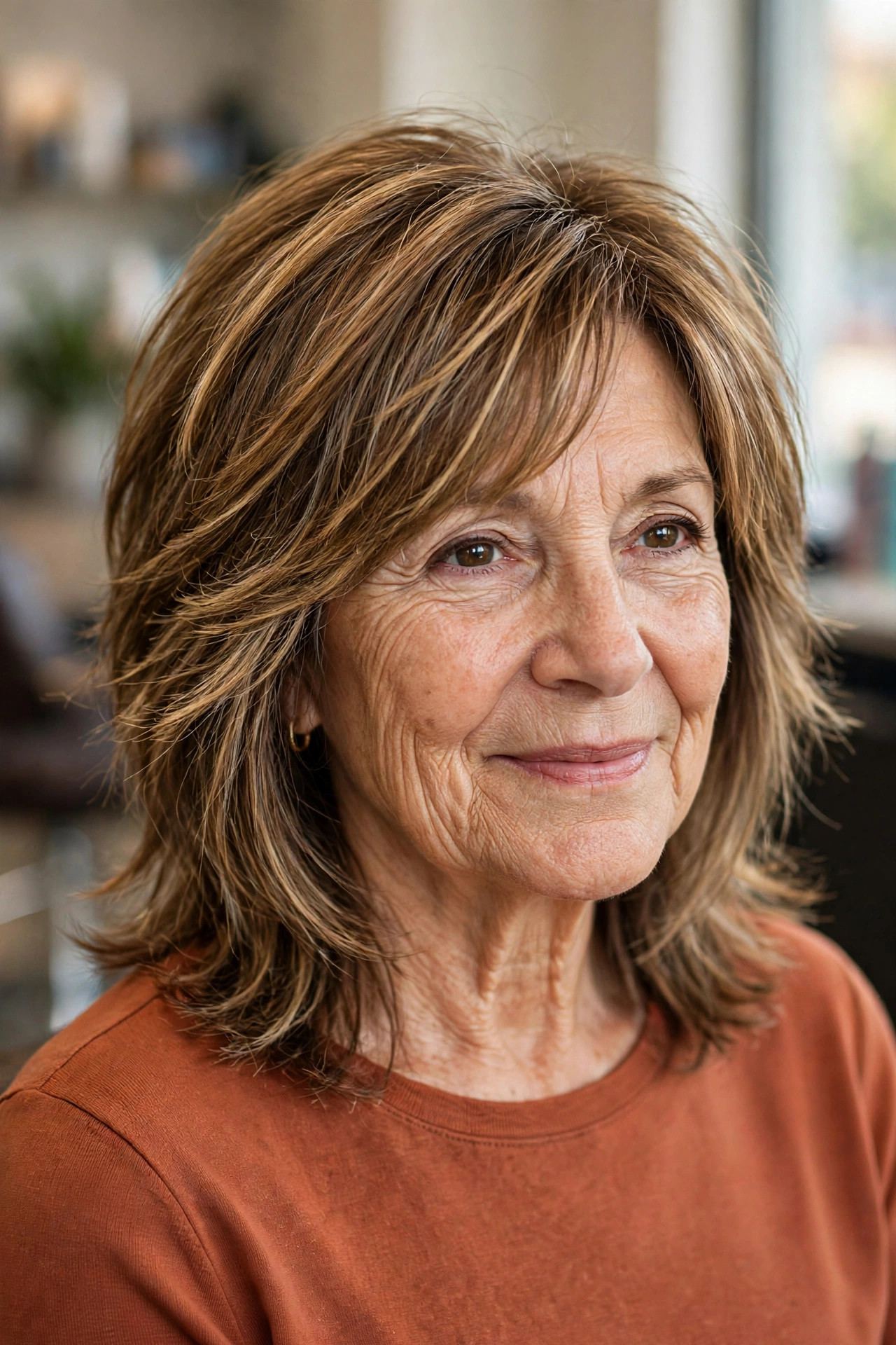 Medium shag haircut with balayage highlights on a woman over 60
