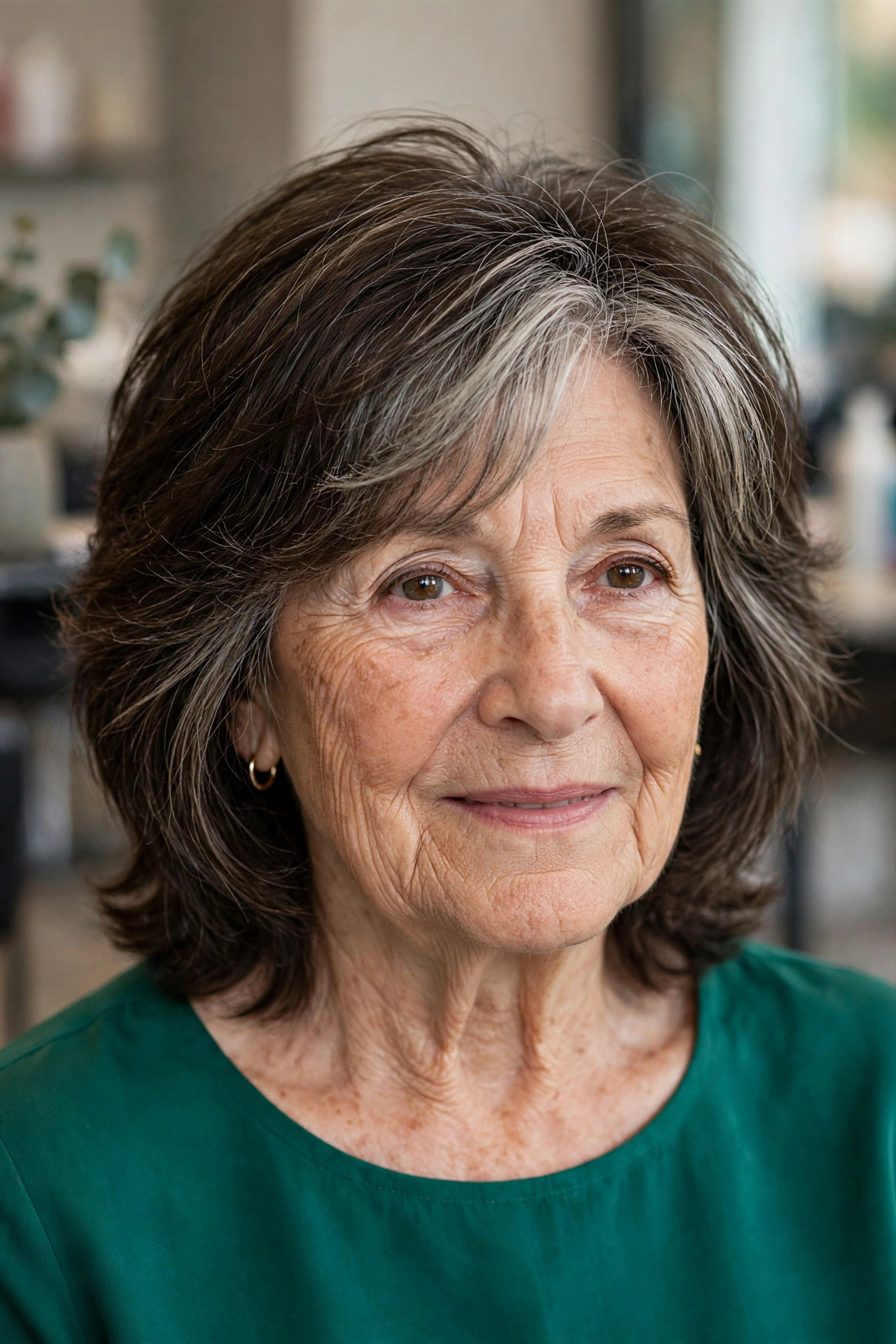 Airy medium shag haircut for thick hair on a woman over 60 with brunette hair