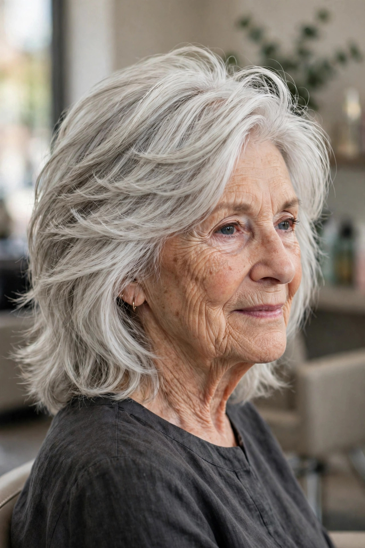 Medium shag haircut with a deep side part on a woman over 60 with silvery white hair