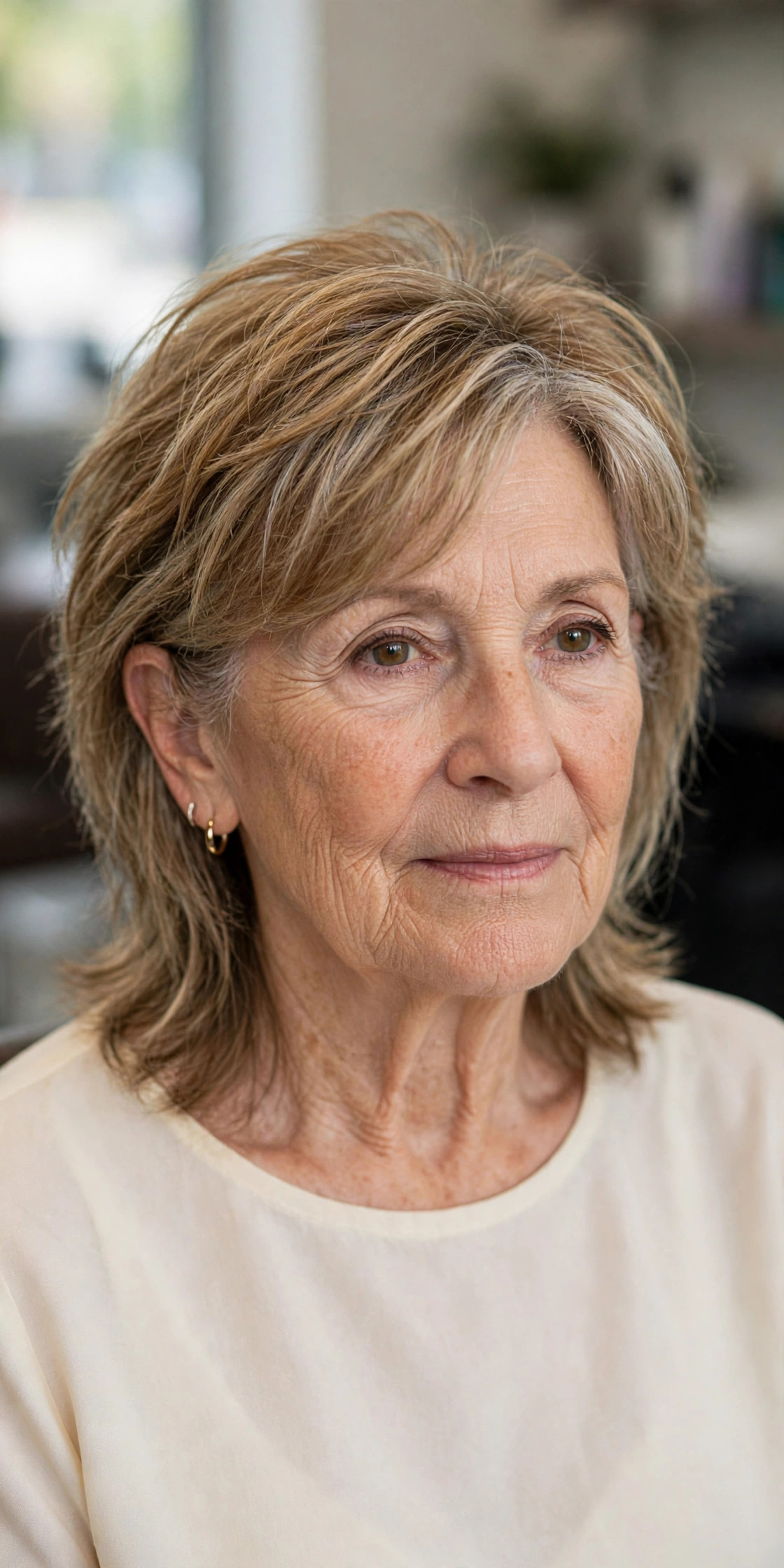 Medium shag haircut tucked behind the ears on a woman over 60 with golden brown hair