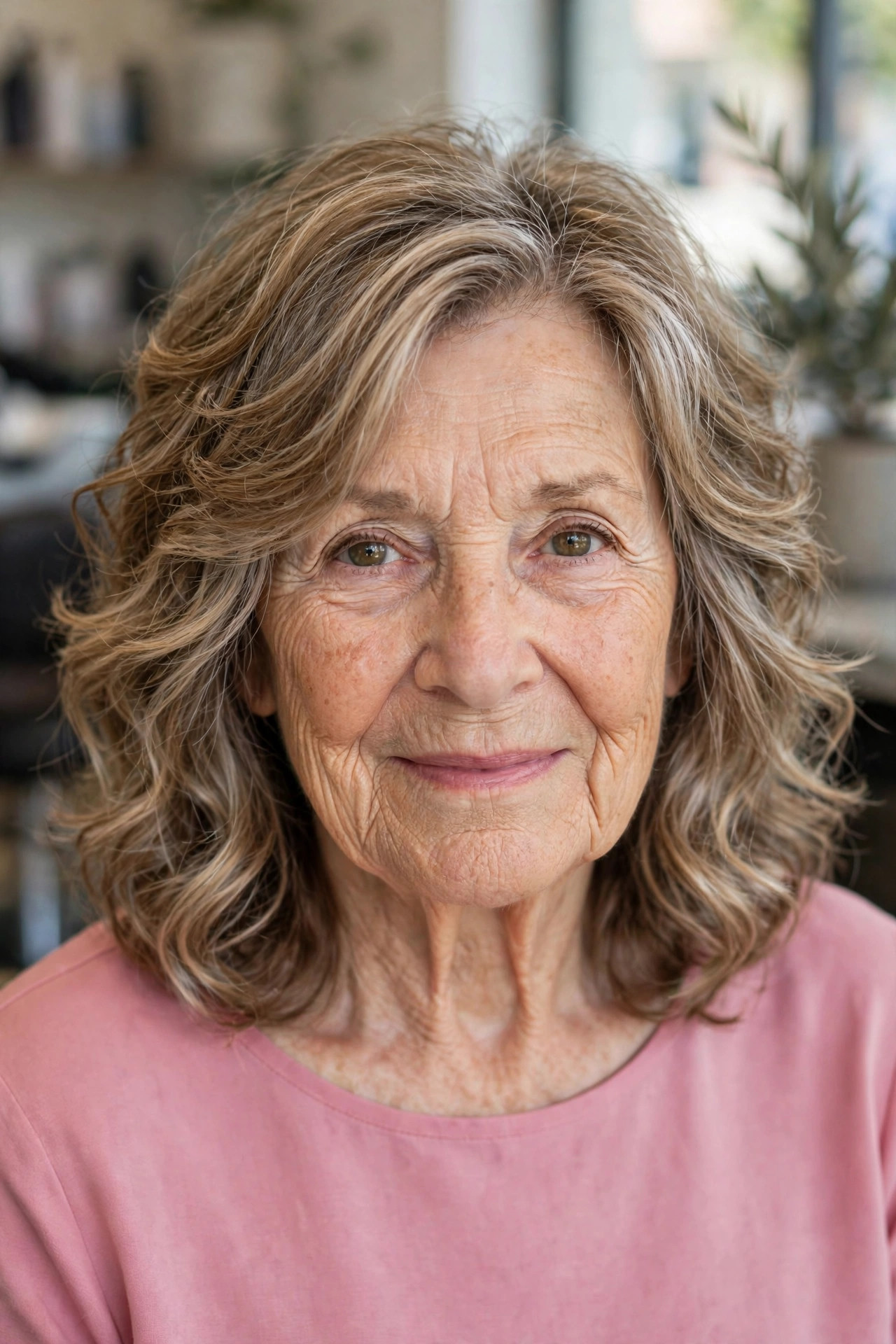 Medium shag haircut with soft curls and layers on a woman over 60