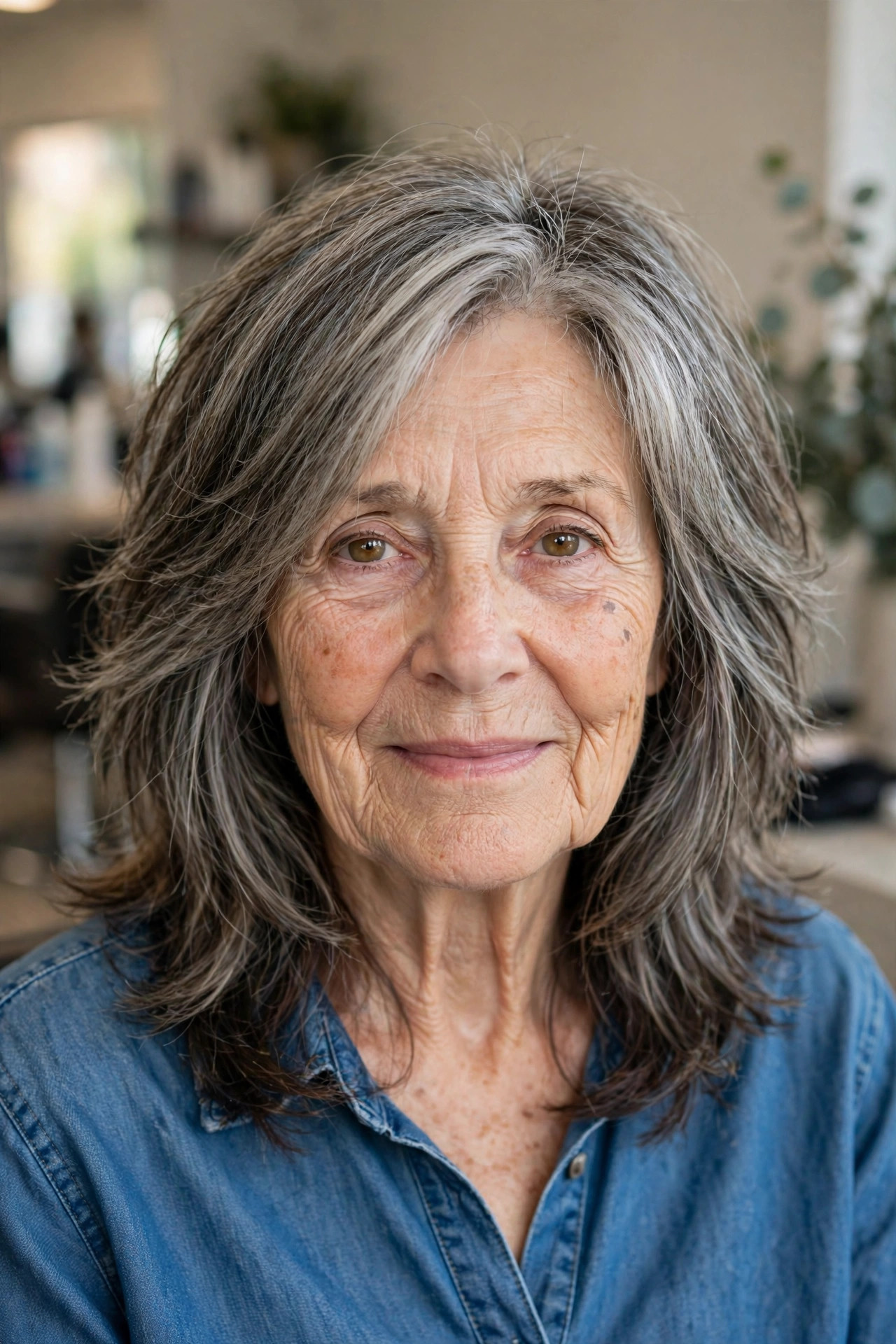 Wash and go medium shag haircut with air-dried texture on a woman over 60 with gray hair