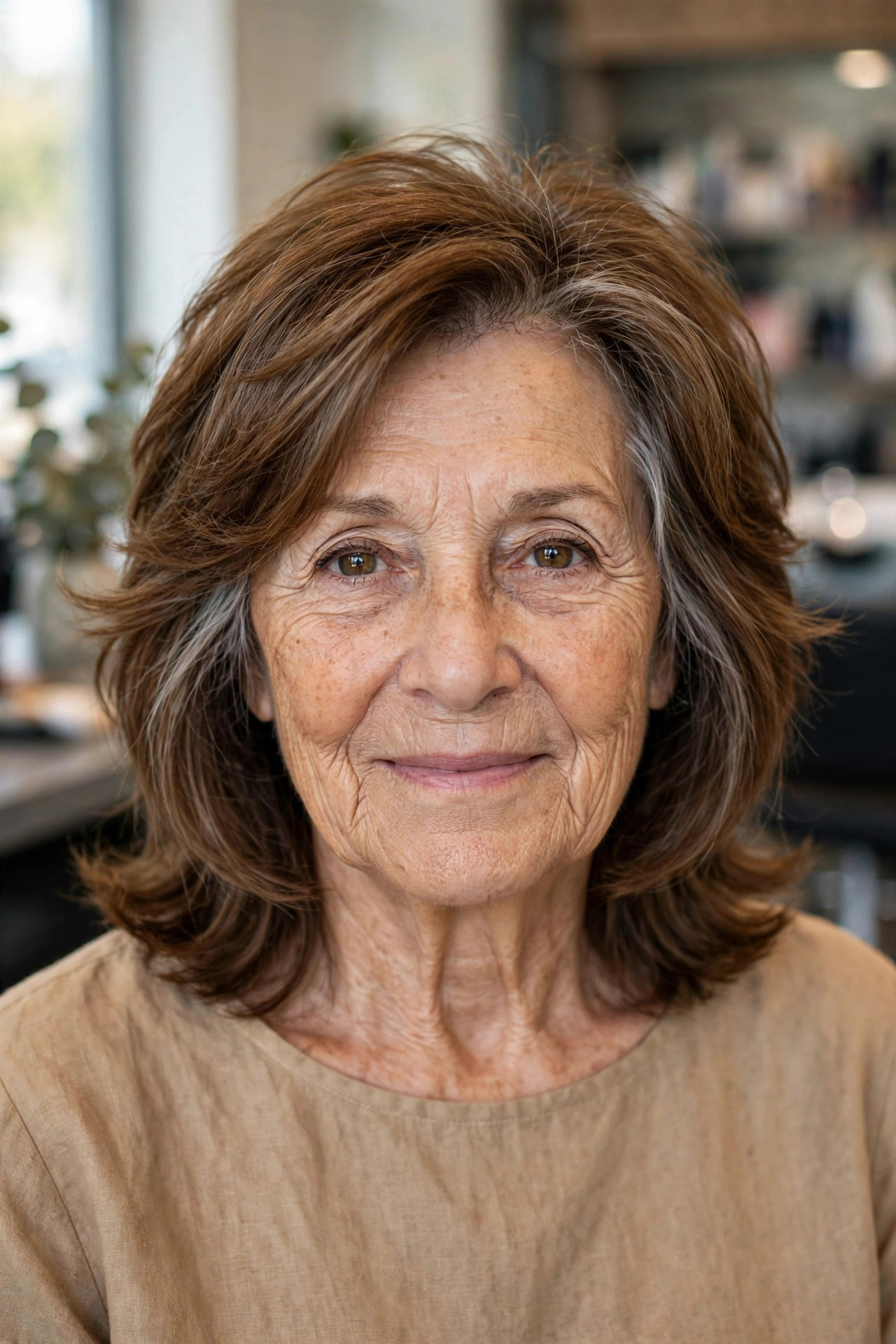 Medium shag haircut with feathered flipped ends on a woman over 60 with chestnut hair