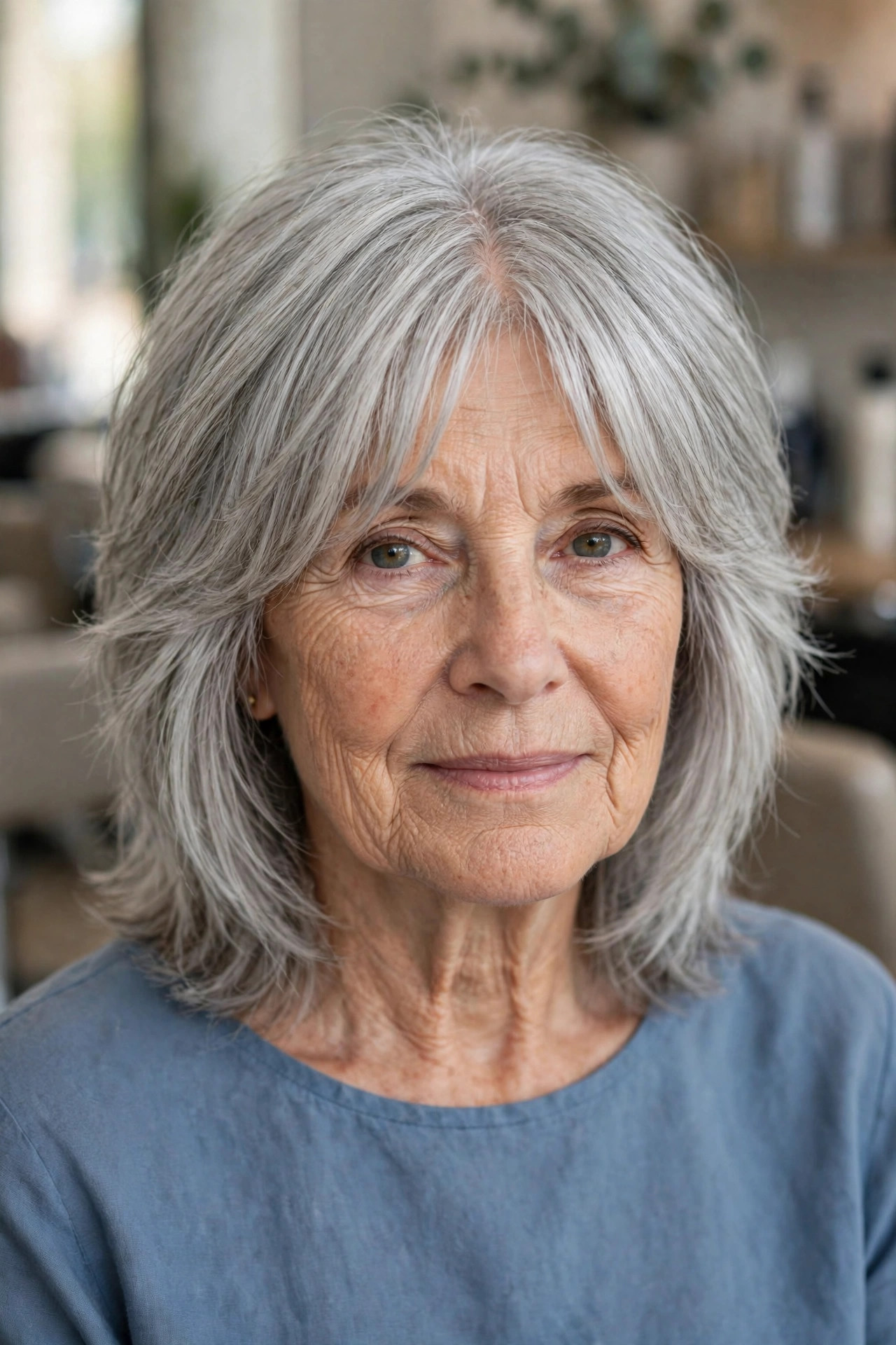 Silver medium shag haircut with curtain bangs on a woman over 60