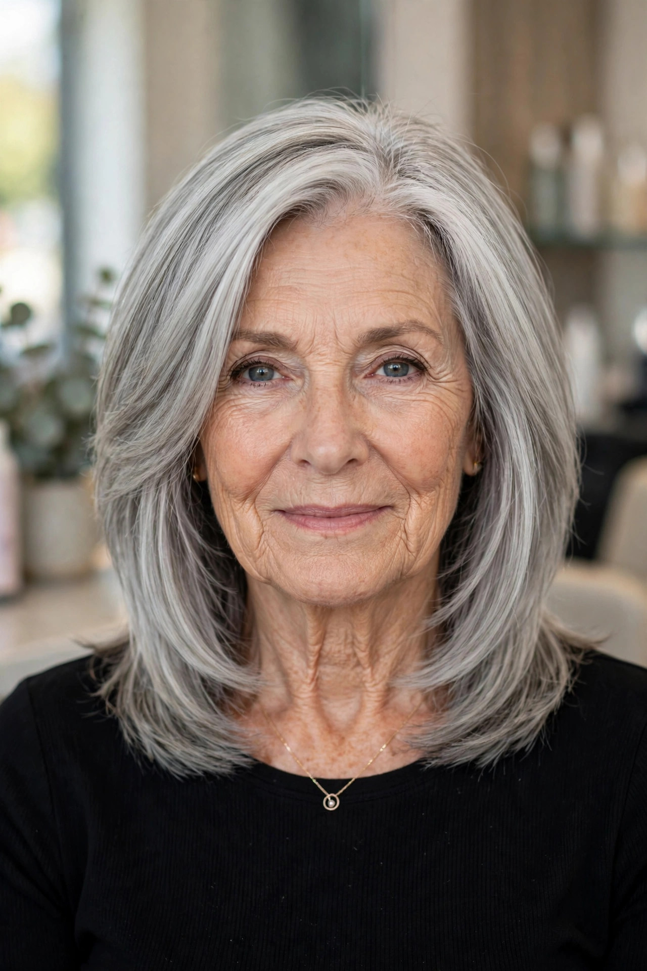 Polished medium shag haircut for evenings on a woman over 60 with silver gray hair