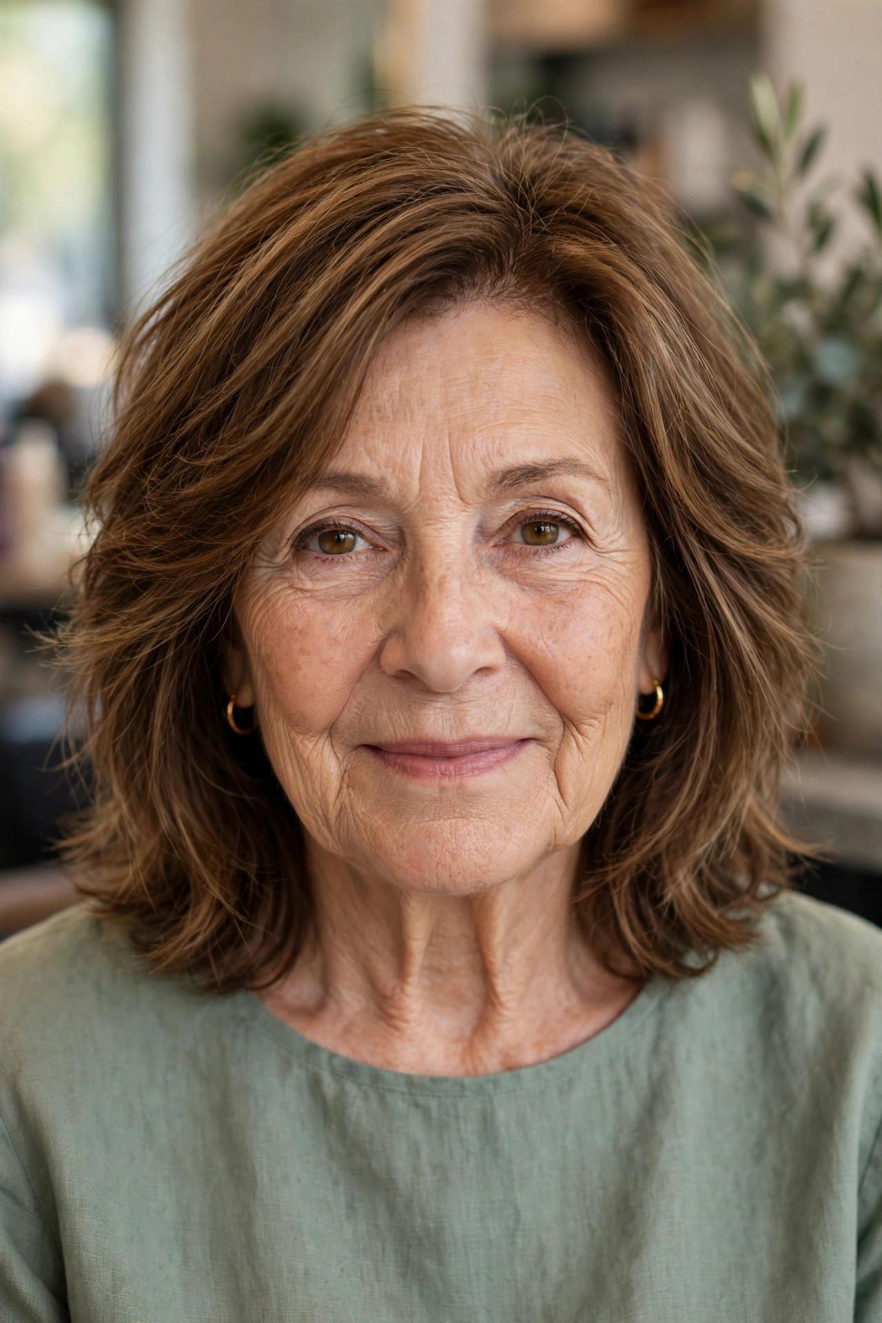 Wavy medium shag haircut with wispy layers on a woman over 60 with chestnut hair