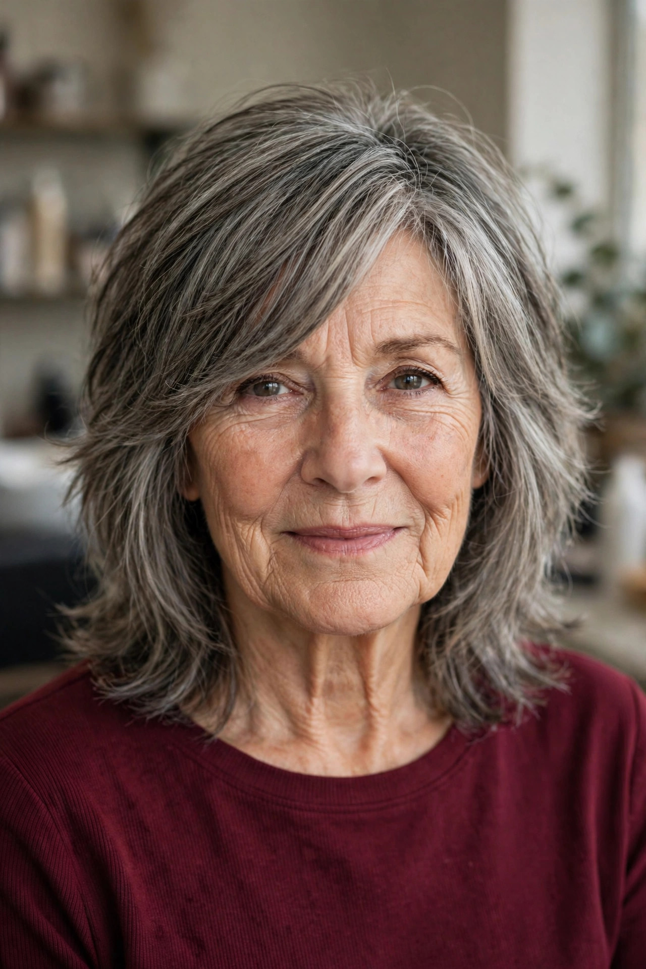 Medium shag haircut with side-swept bangs on a woman over 60 with salt and pepper hair