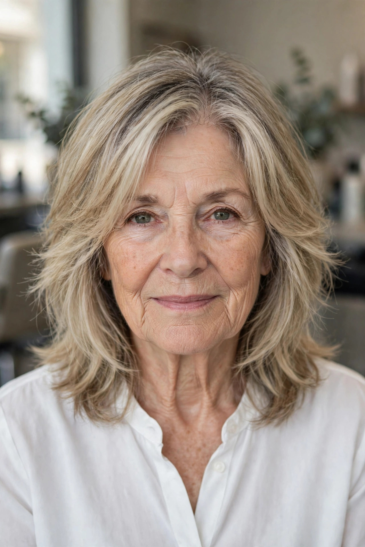 Medium shag haircut with face-framing layers on a woman over 60 with blonde hair