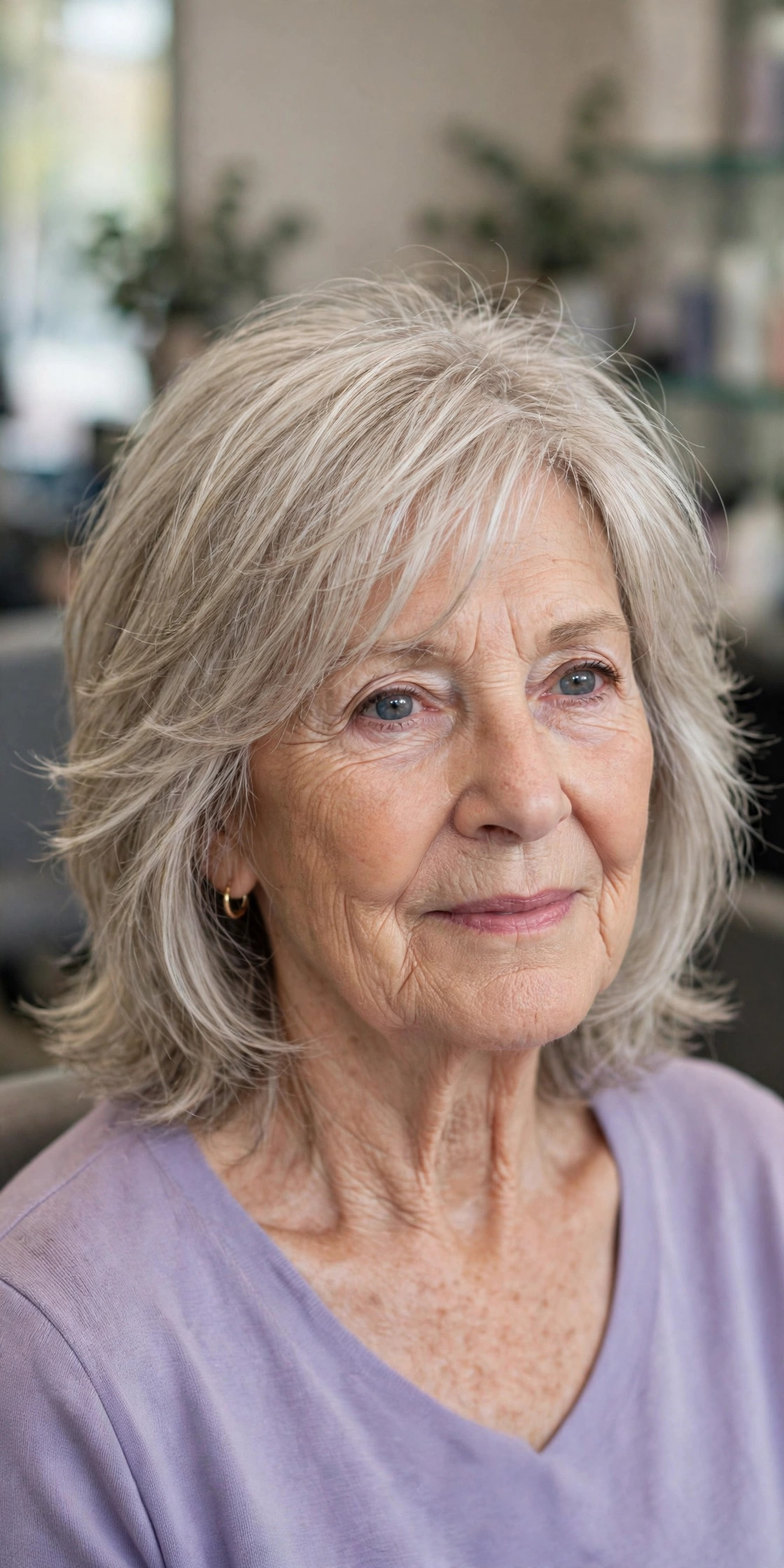 Layered medium shag for fine hair on a woman over 60 with ash blonde hair