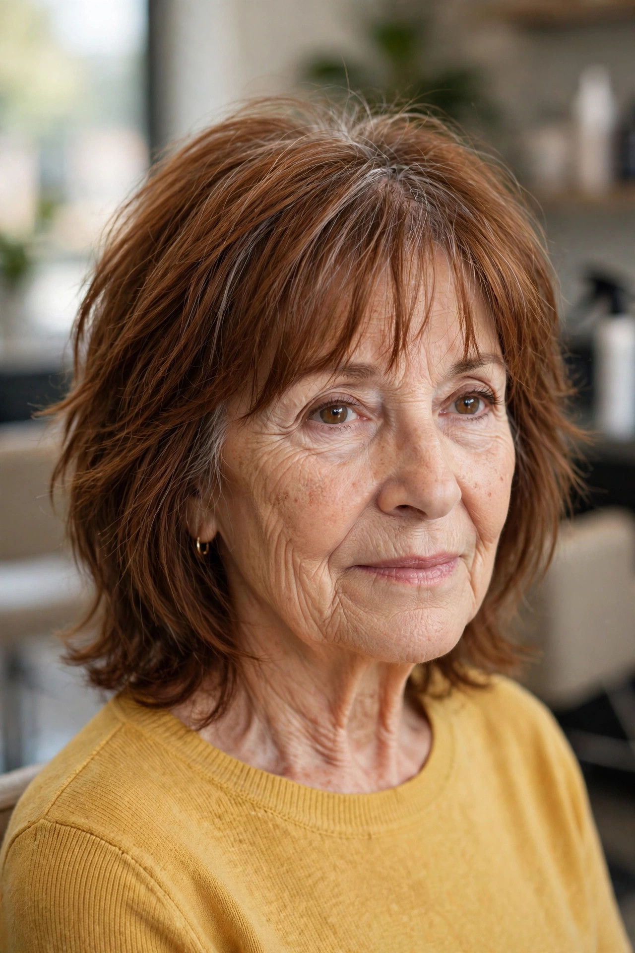 Medium shag haircut with wispy fringe on a woman over 60 with auburn hair