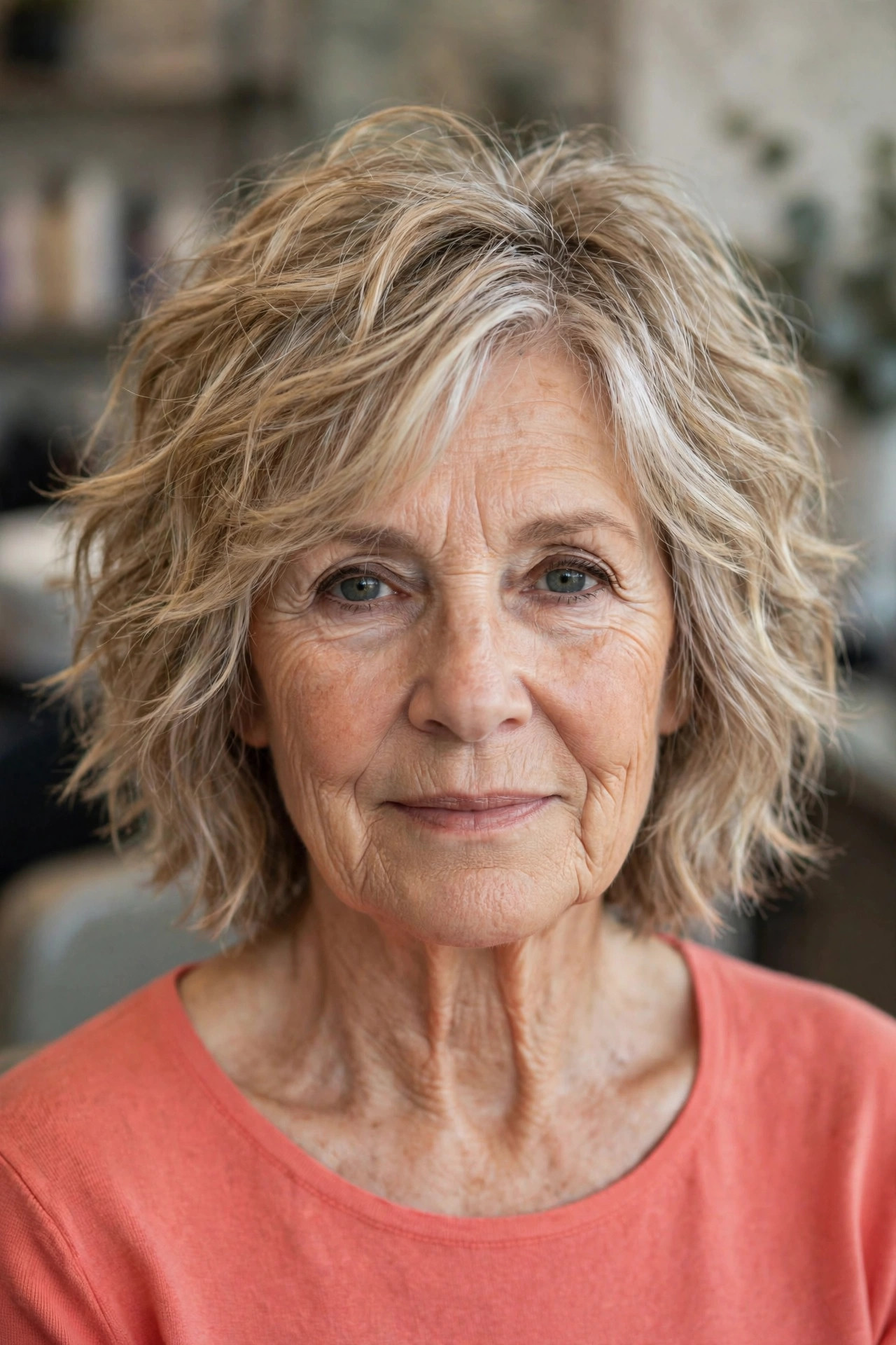 Tousled beachy medium shag haircut on a woman over 60 with sandy blonde hair