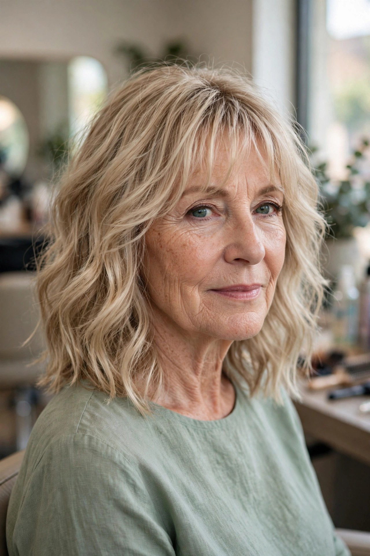 Wavy Midi With Wispy Bangs - medium wavy haircut on a woman over 50