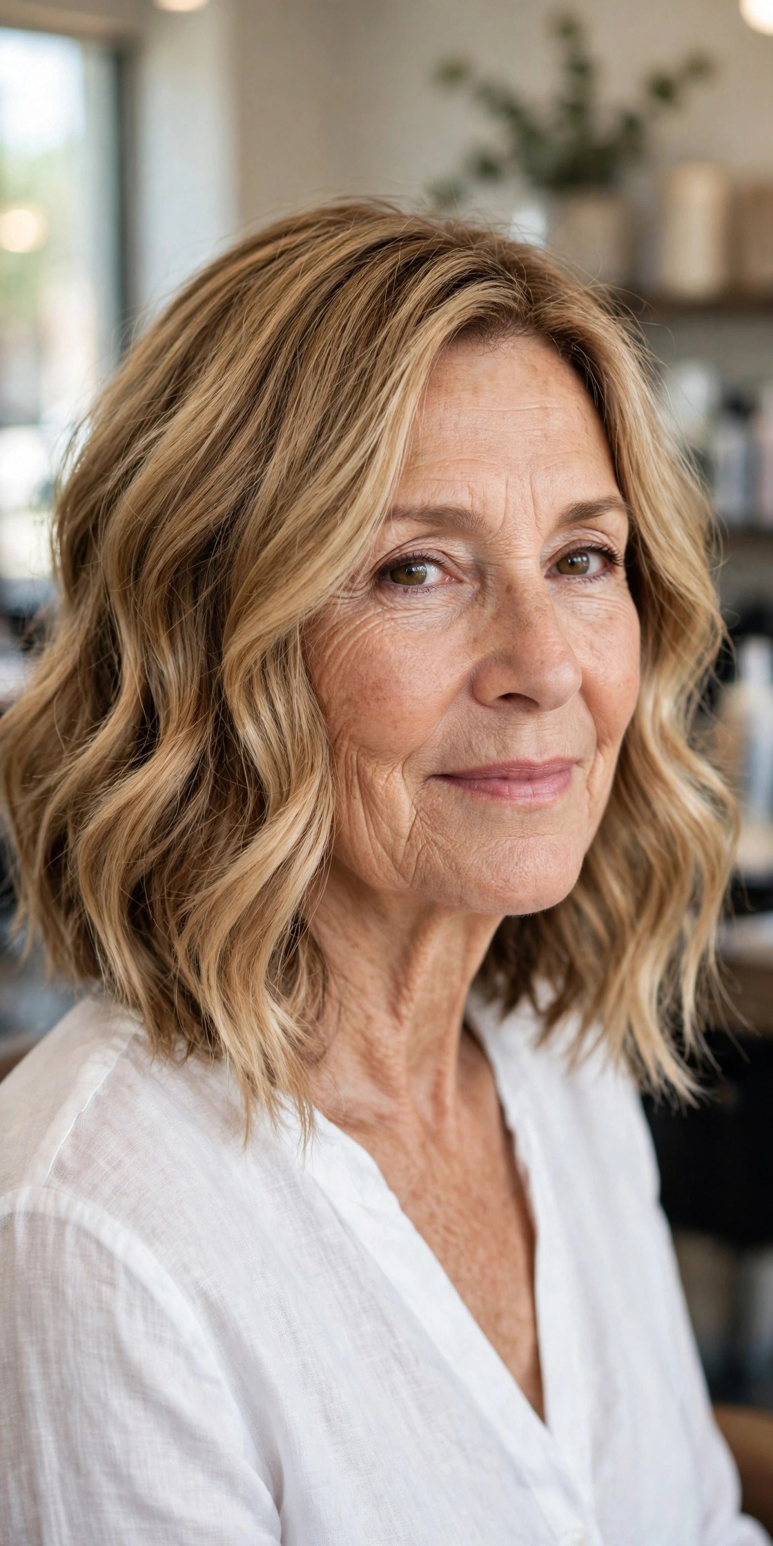 Wavy A-Line Lob - medium wavy haircut on a woman over 50