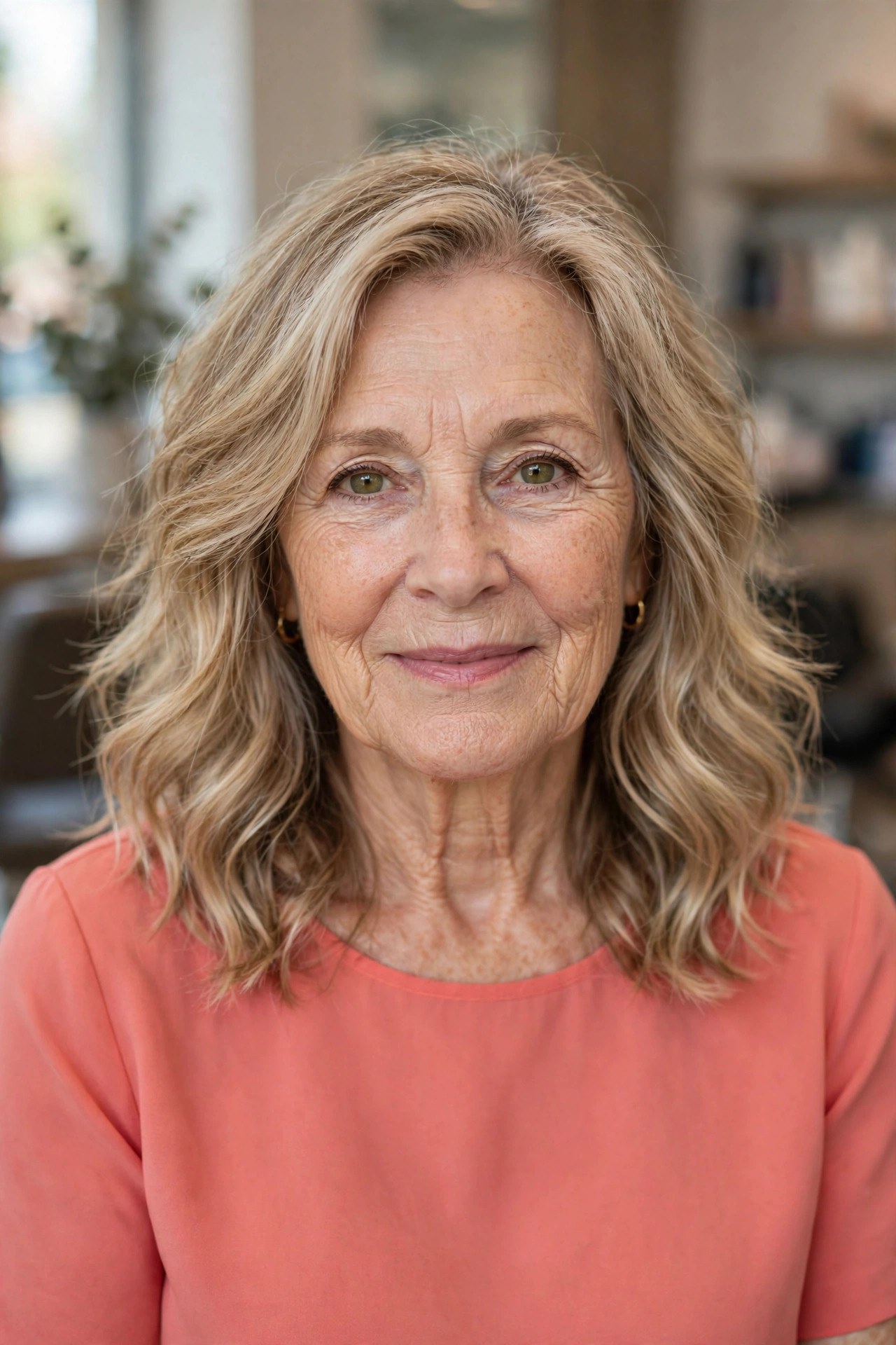 Soft Wavy Midi With Feathered Ends - medium wavy haircut on a woman over 50