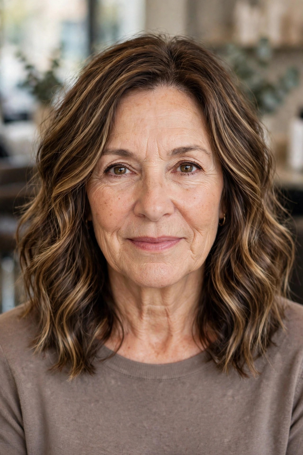 Wavy Midi With Honey Balayage Ribbons - medium wavy haircut on a woman over 50
