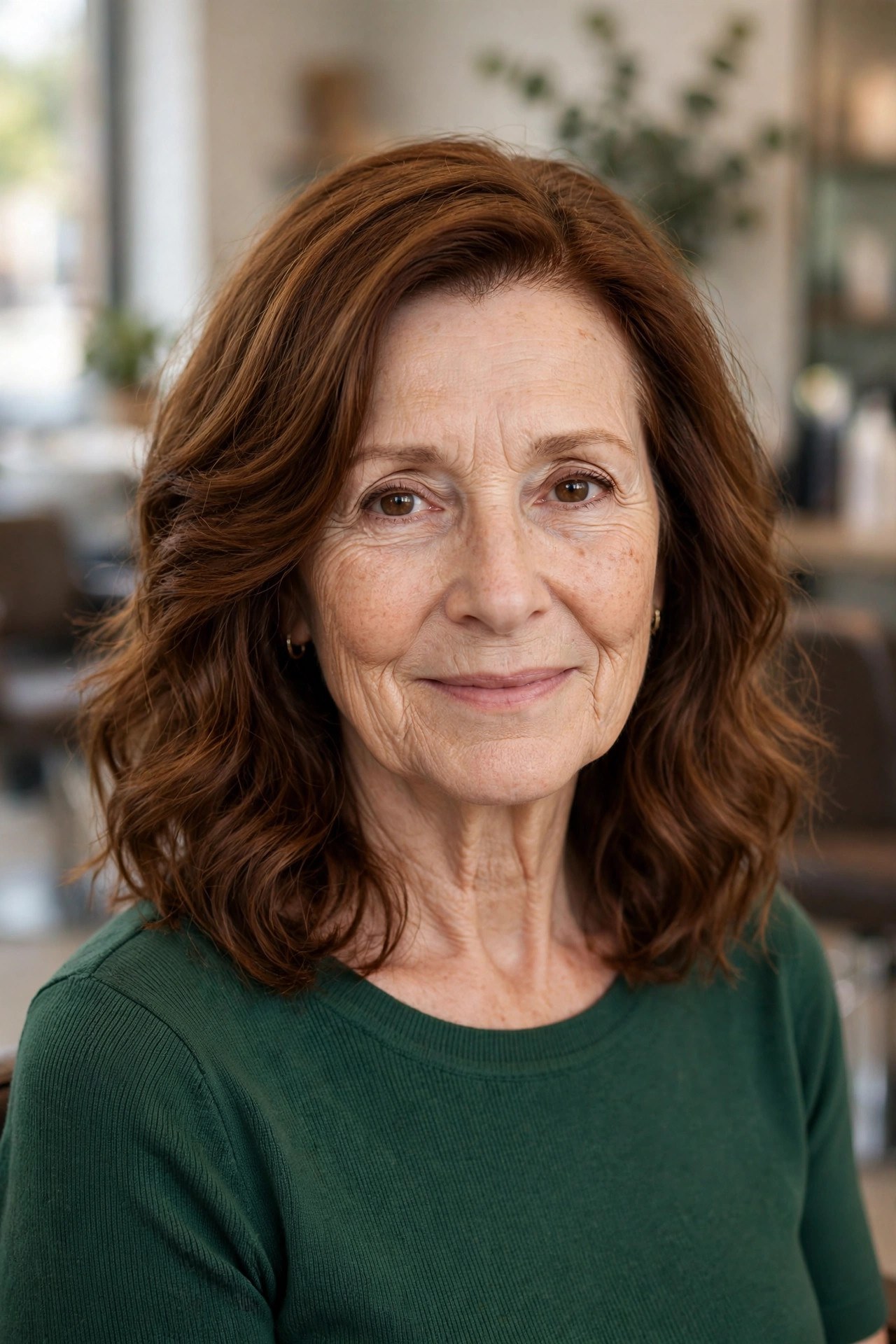 Deep Side-Part Wavy Midi in Warm Auburn - medium wavy haircut on a woman over 50