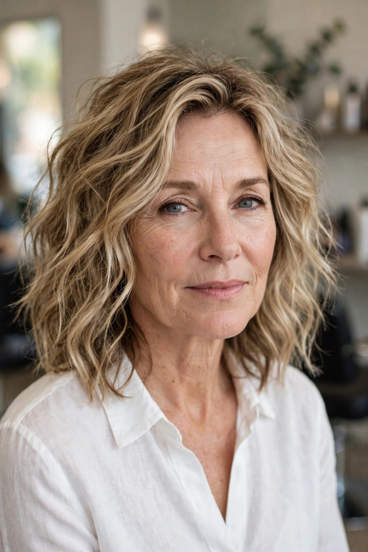 Tousled Beach-Wave Midi - medium wavy haircut on a woman over 50